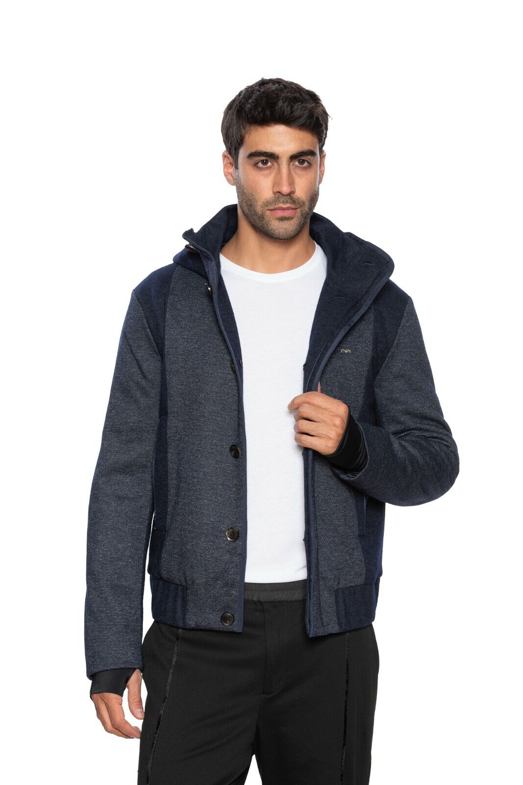650$ EMPORIO ARMANI Bomber Blouson Jacket Blue Wool Blend "Brand Logo Steel"