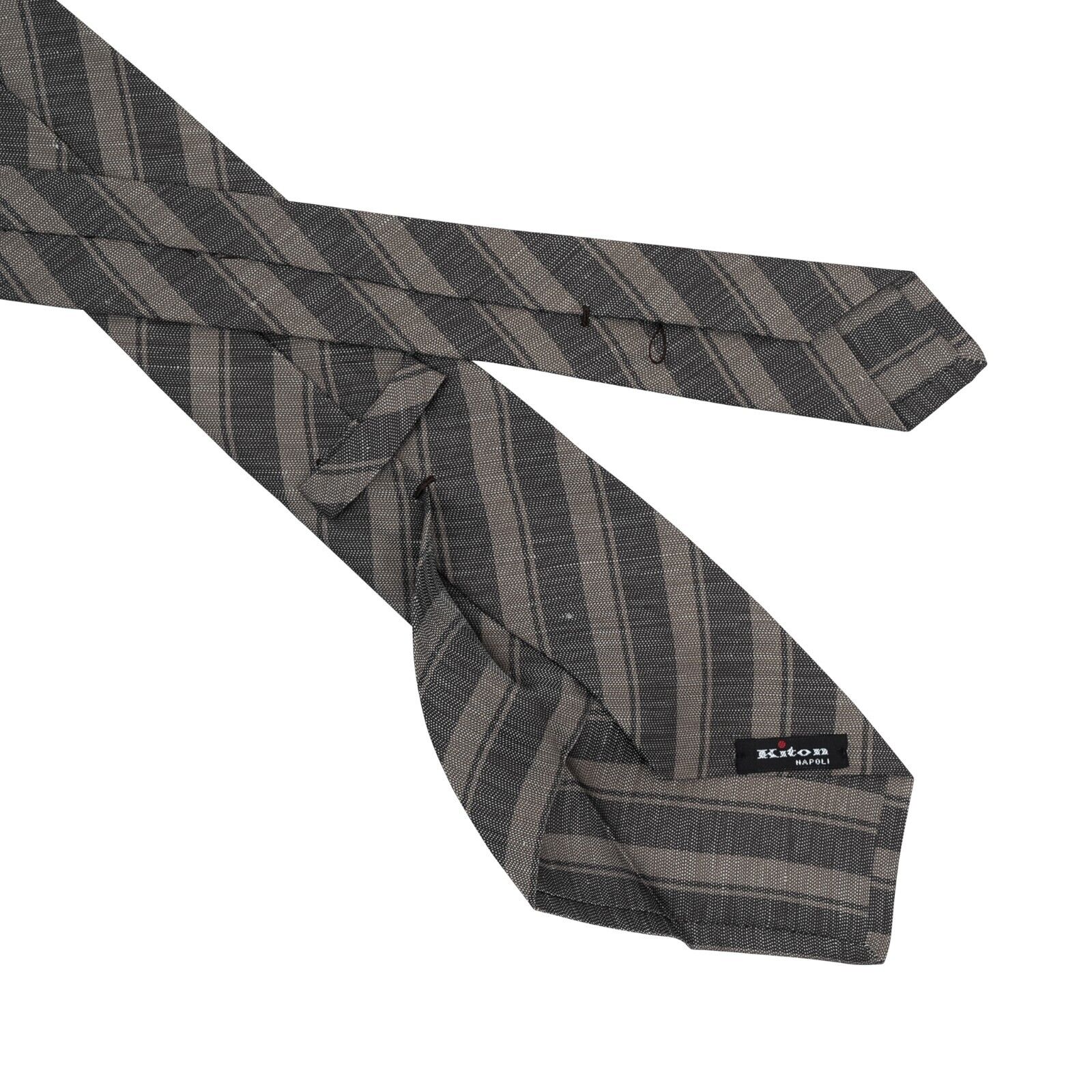 $330 KITON NAPOLI 7 - Fold Tie Regimental Gray Brown Silk / Linen 148cm - 8.5cm
