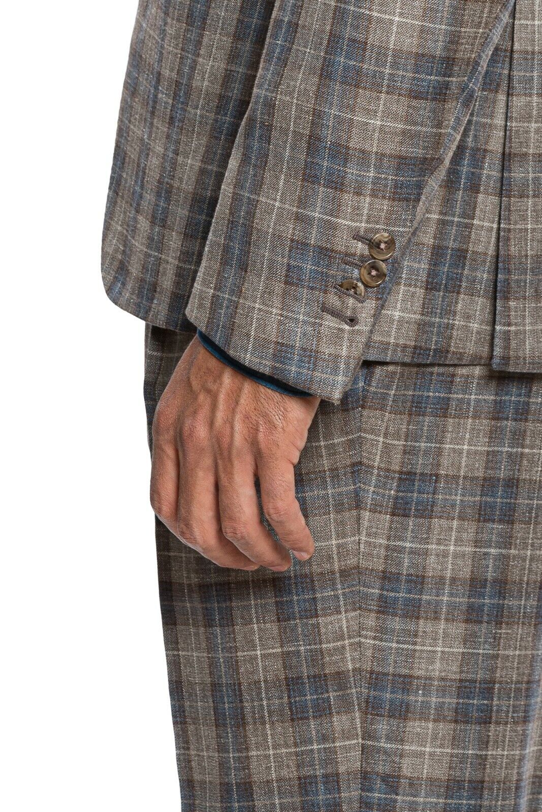 $3190 Belvest Checks Brown Suit Wool Silk Linen 40 US / 50 EU 8R Slim Fit