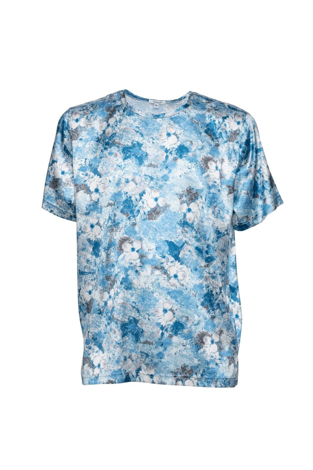 750$ ITALO FERRETTI T-Shirt Blue "FLOWER" 100% Silk COMO STRETCH Size L ZILLI