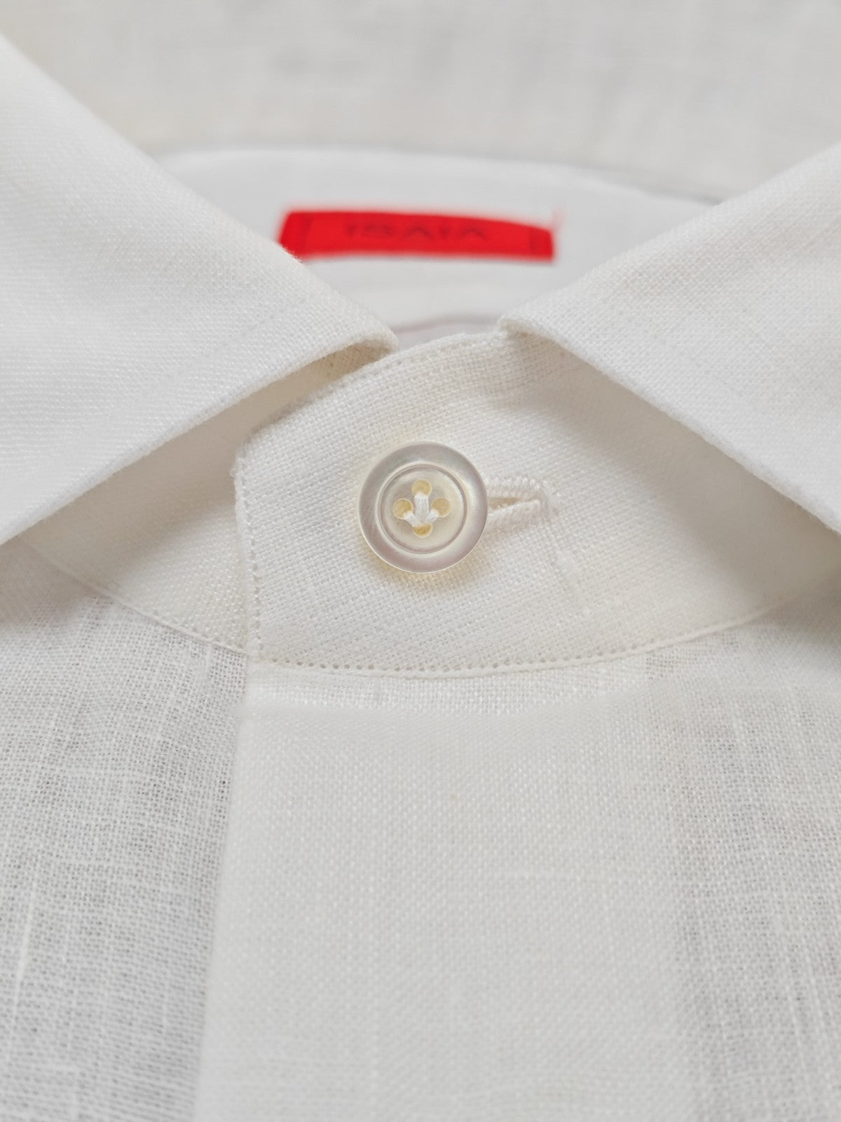 775$ ISAIA NAPOLI "Mix" White Solid Dress Shirt Hand-Sewn 100% Linen