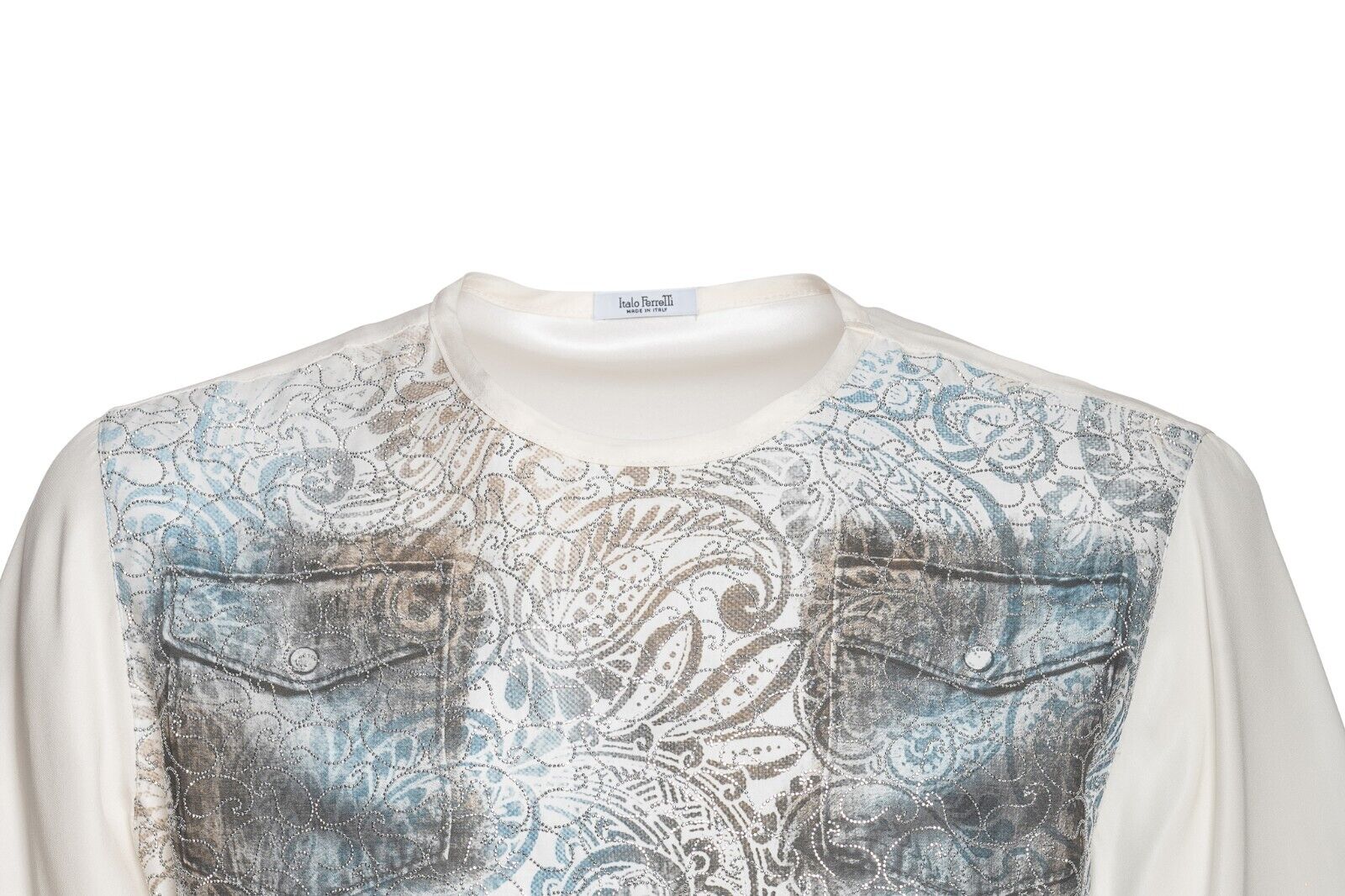 750$ ITALO FERRETTI T-Shirt White "JEWELS" 100% Silk + Strass Size L ZILLI