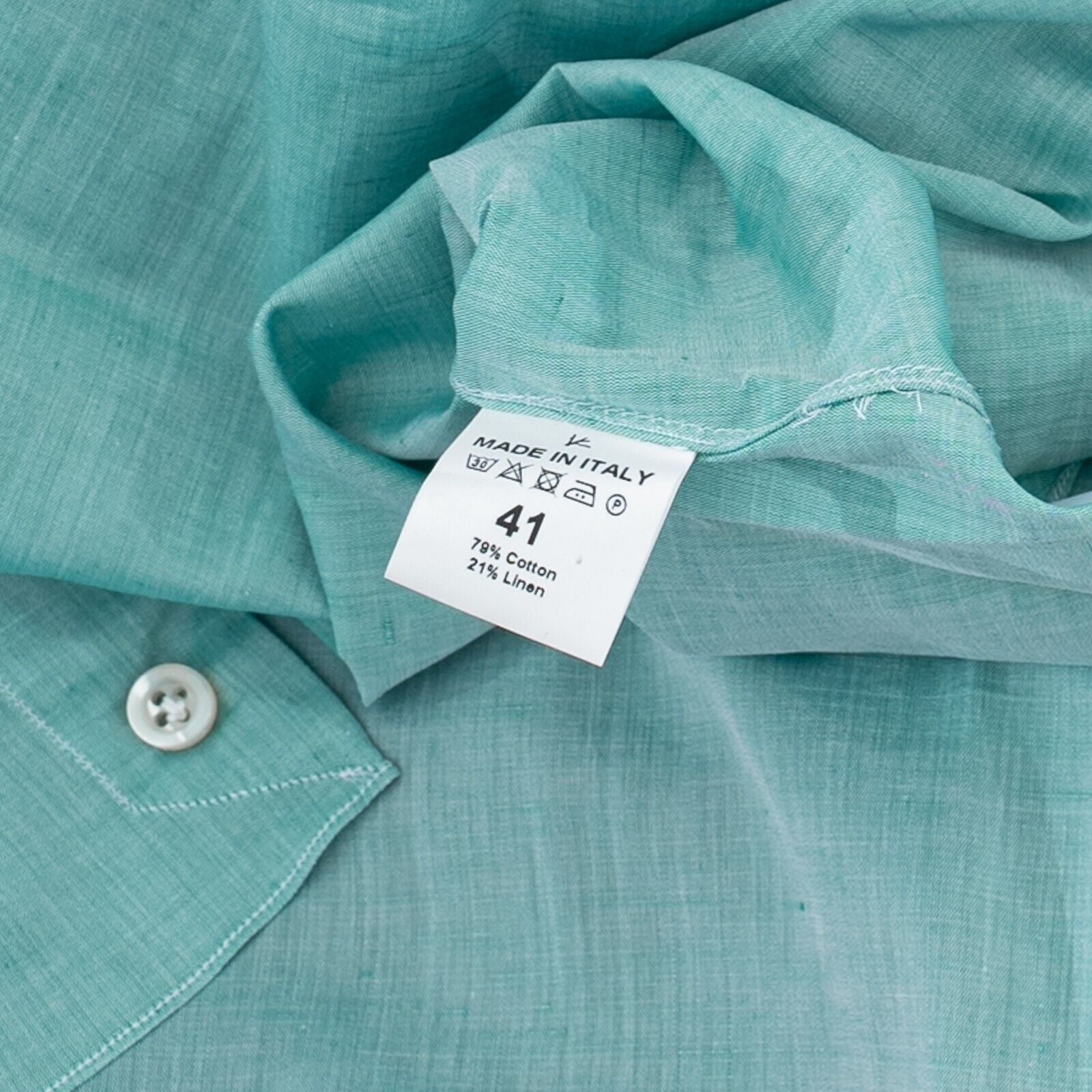 690$ ISAIA NAPOLI Aquamarine Hand-Sewn Button Down Shirt Cotton / Linen 16 - 41