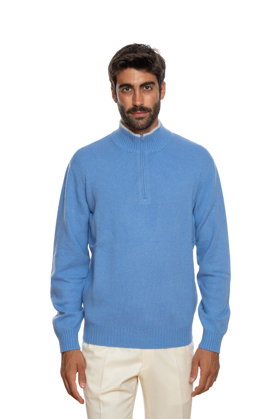 590$ DELLA CIANA CASHMERE Half Zip Sweater Merinos Wool / Cashmere Light Blue