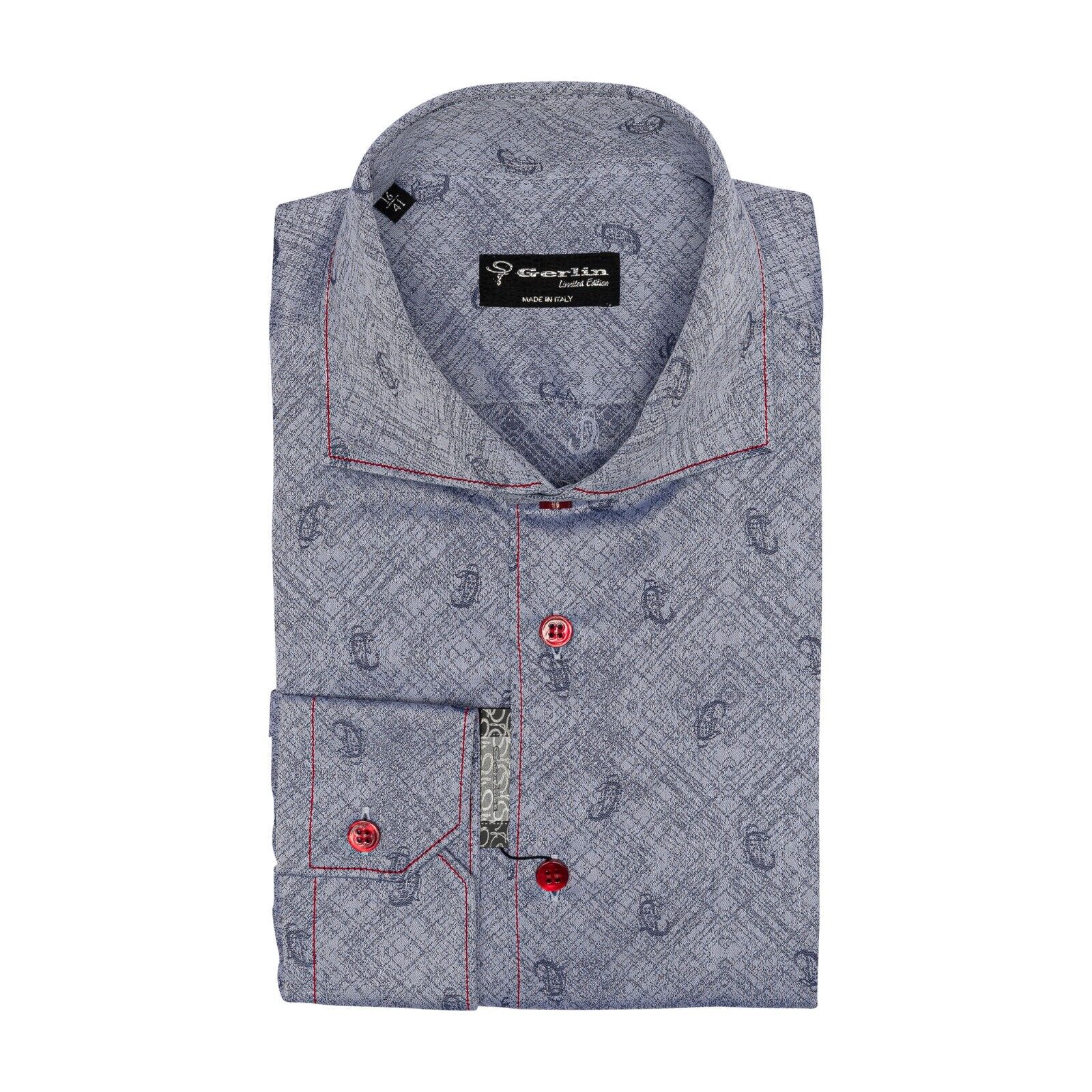 690$ LUXURY GERLIN Shirt Blue Jacquard Cotton 16 - 41 1A ZILLI