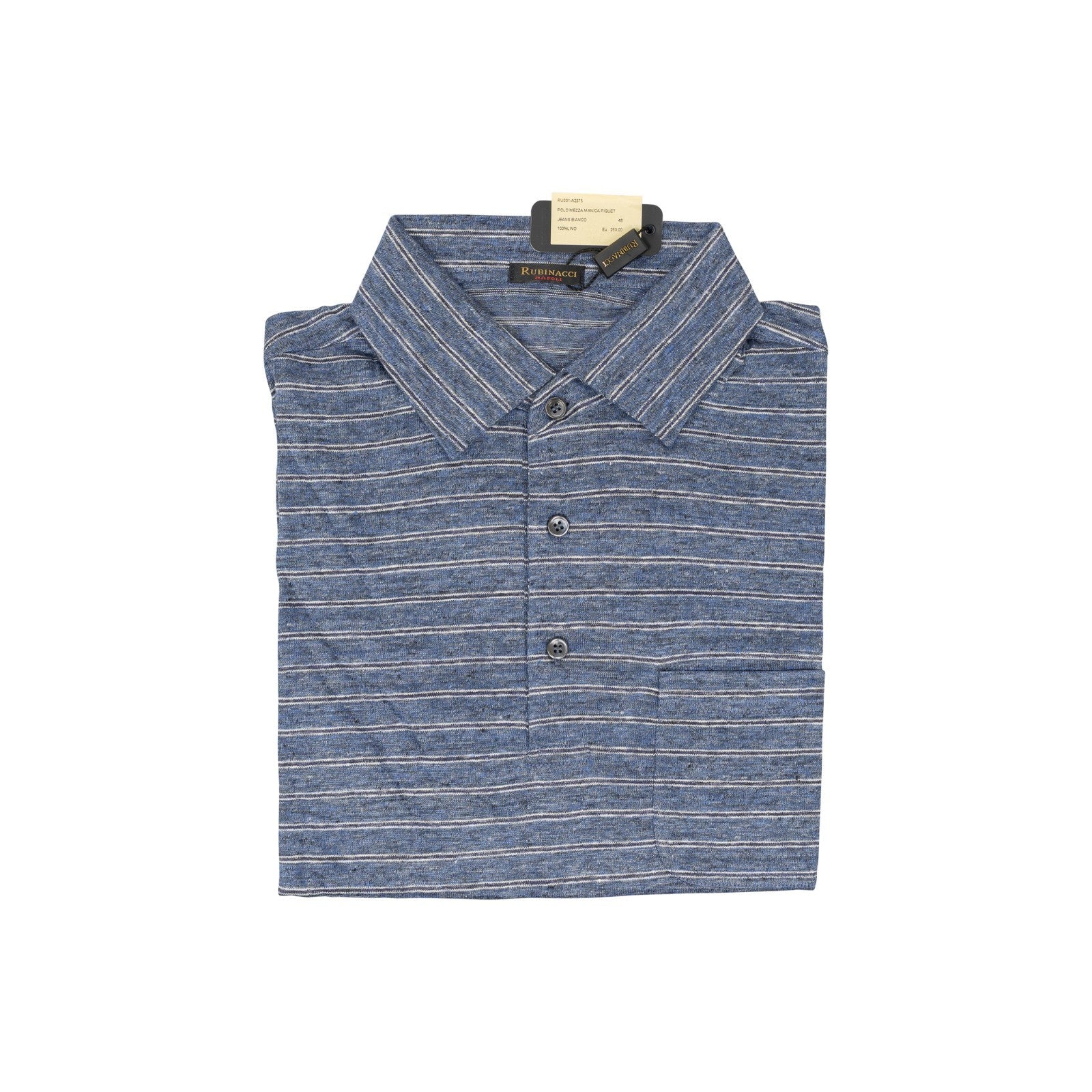 450$ RUBINACCI NAPOLI Blue Striped Polo Short Sleeve 100% Linen