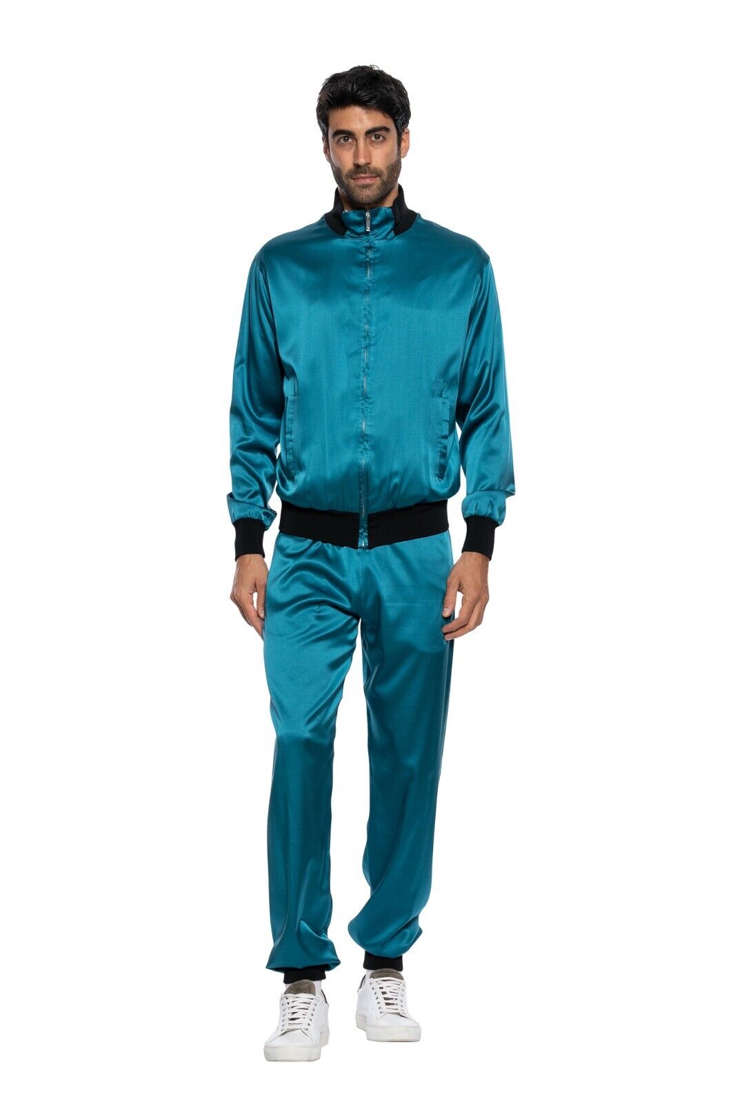3500$ ITALO FERRETTI Tracksuit Jogging Suit Electric Blue 100% Silk Satin Size L