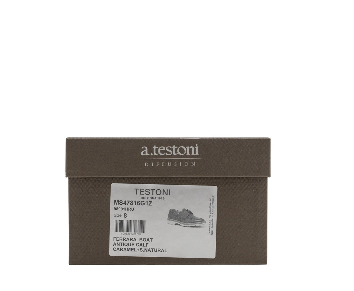 900$ TESTONI Ferrara Boat Loafer Shoes Antique Calf Caramel 8 UK / 9 US / 42 IT