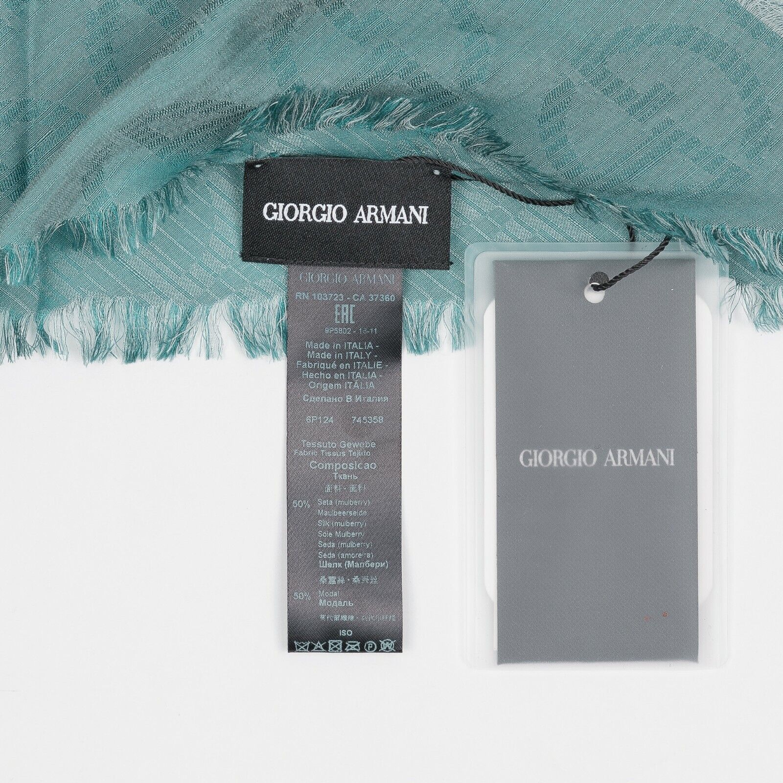 425$ GIORGIO ARMANI Black Label Triangle Foulard Scarf Green Aquamarine Silk Mix