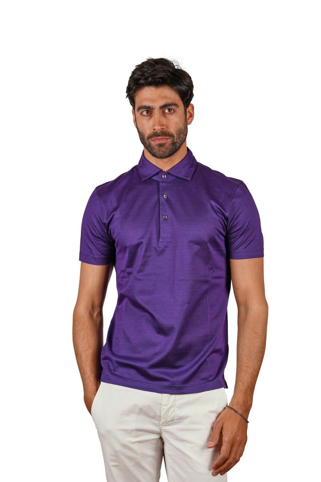 169$ Italian Luxury GRAN SASSO Polo Lisle Cotton Piquet Purple Short Sleeve