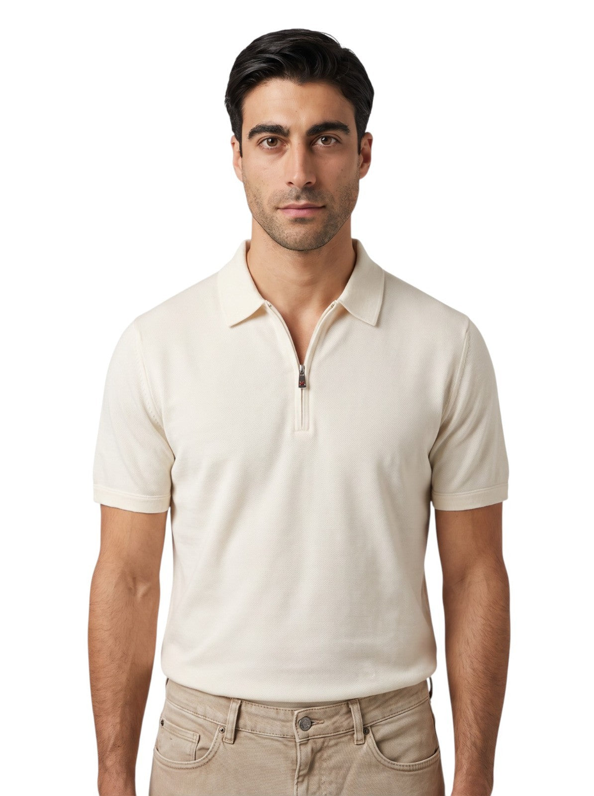 1100$ ISAIA NAPOLI Ivory Polo Zip Short Sleeve Knit Wool Size XL