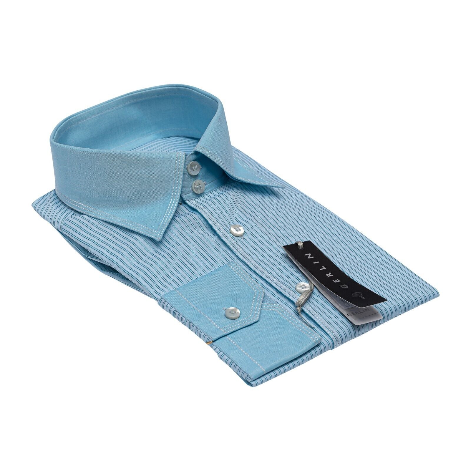 690$ LUXURY GERLIN Shirt Striped Point Sky Blue Cotton 16 - 41 2P ZILLI