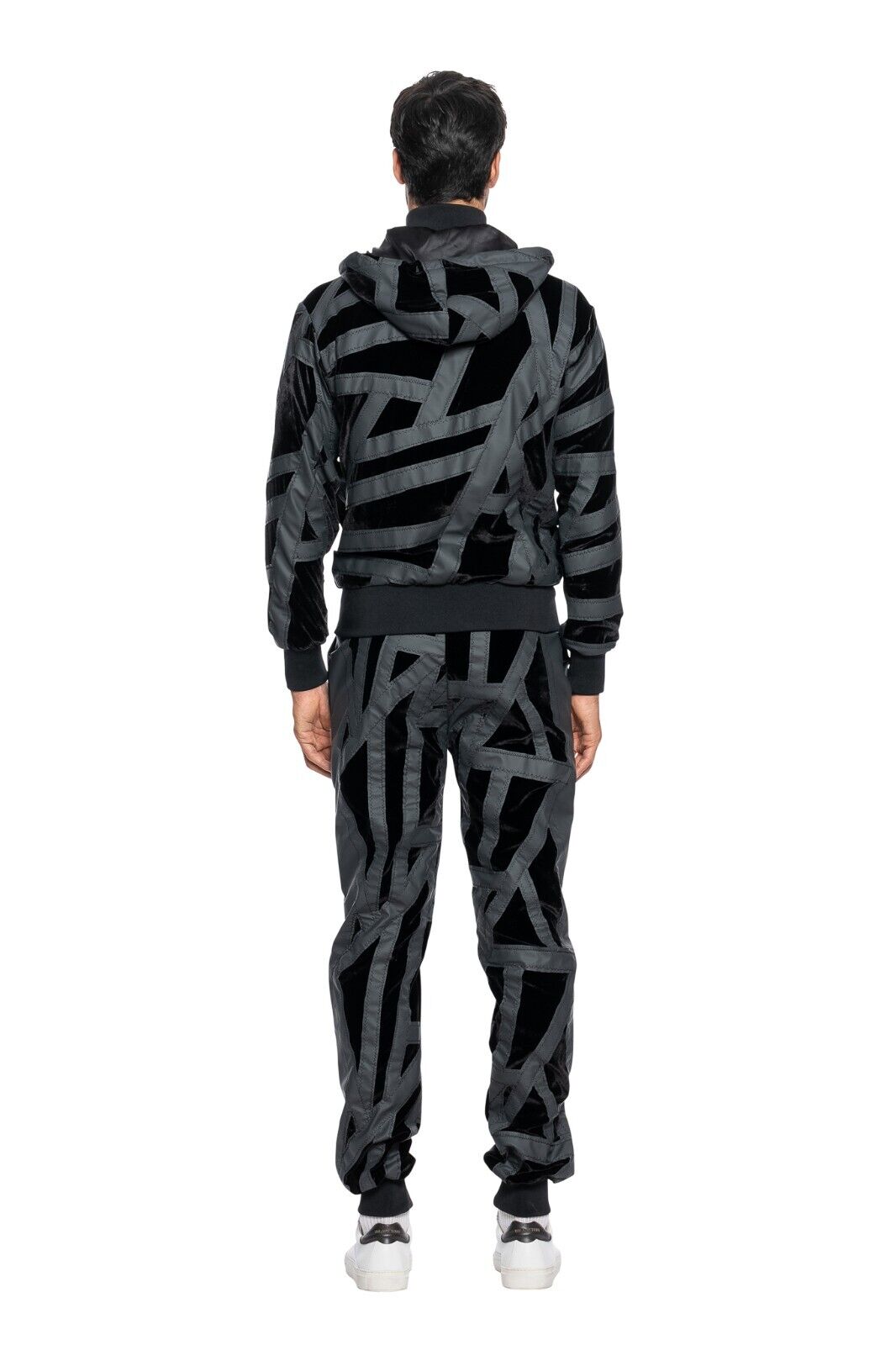 3500$ ITALO FERRETTI Tracksuit Jogging Suit Black "PATCHWORK" 100% Silk  Size M