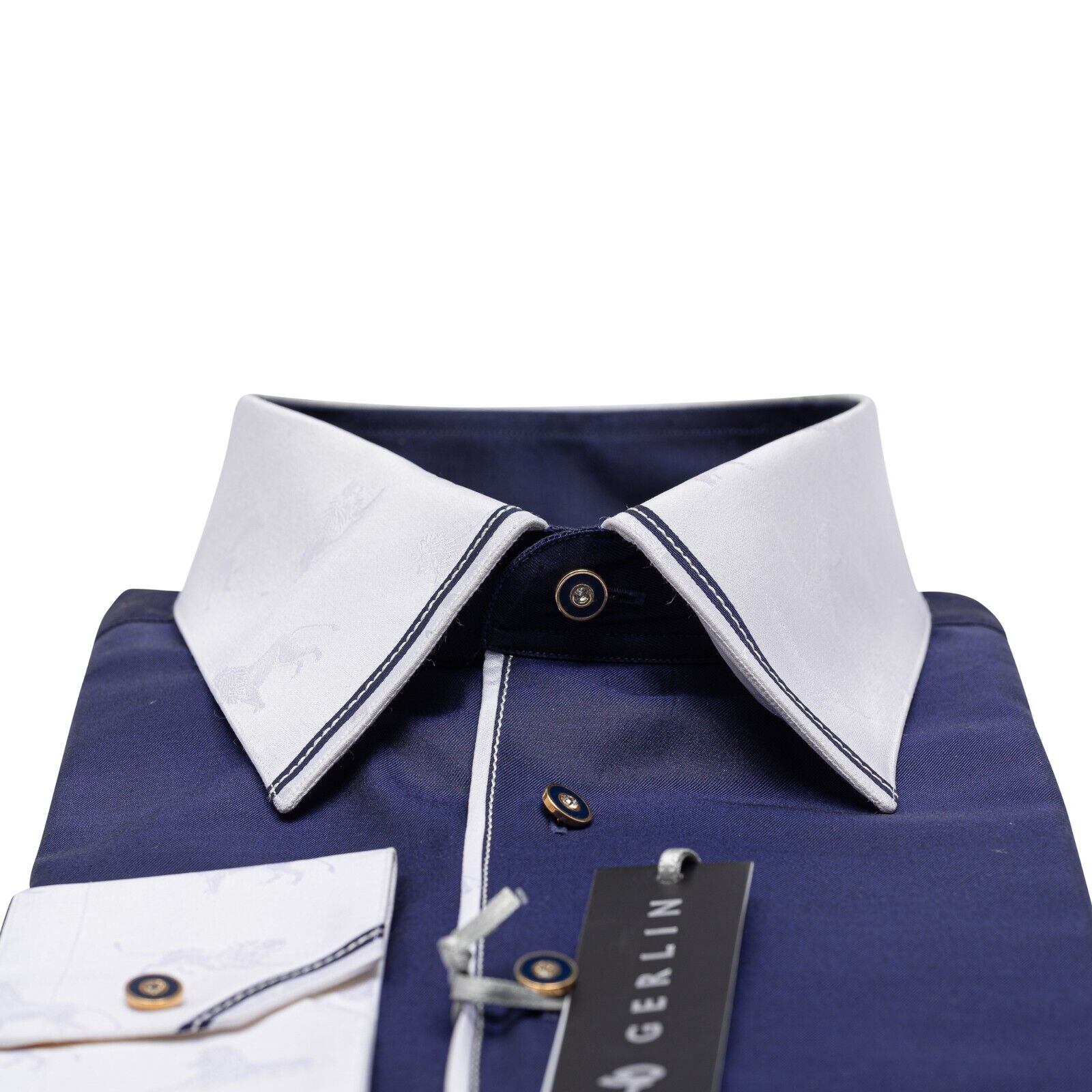 750$ LUXURY GERLIN Shirt "LIONS" Blue ALUMO Cotton 16 - 41 6A BIJAN