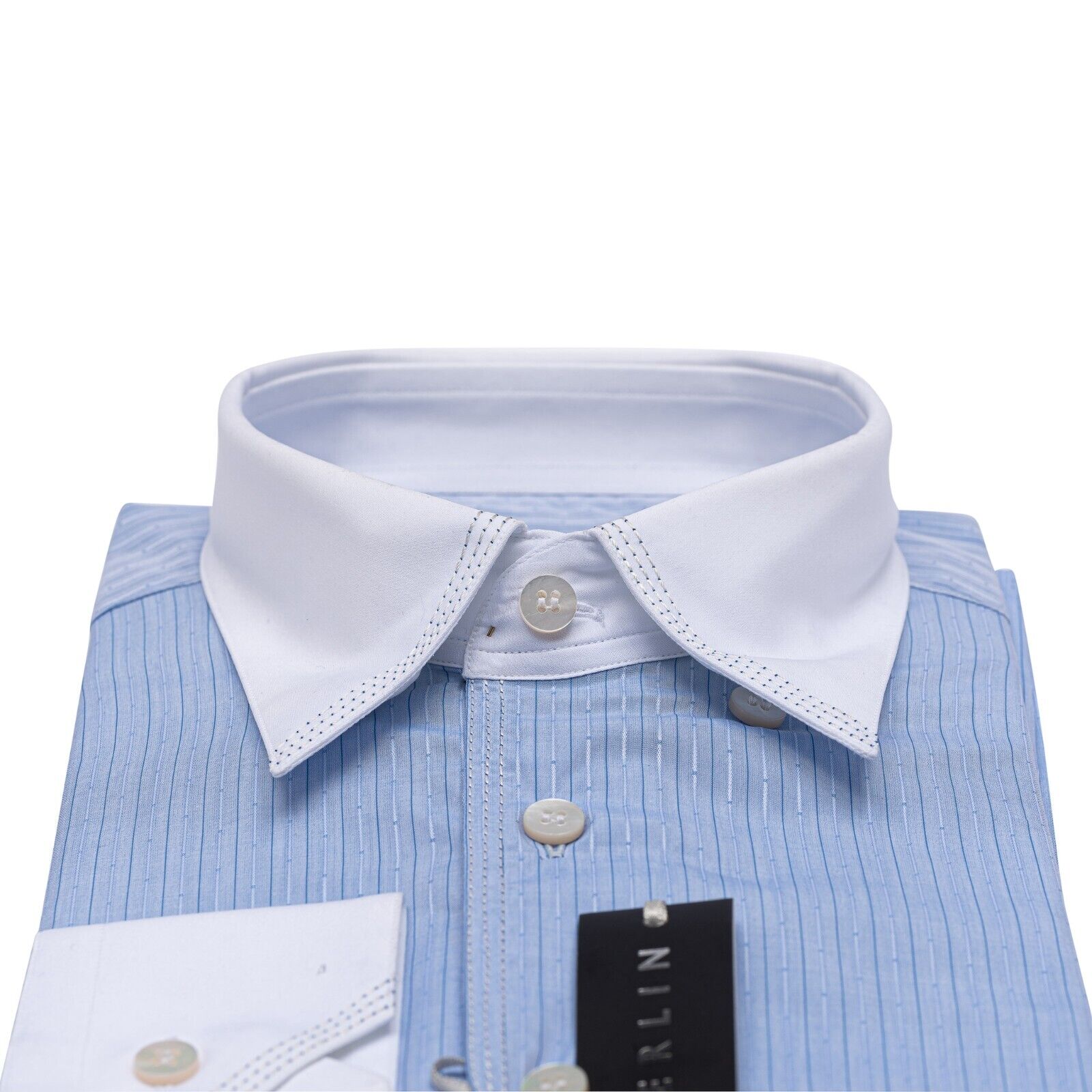 690$ LUXURY GERLIN Shirt POINT Striped Blue Cotton 16 - 41 3F ZILLI
