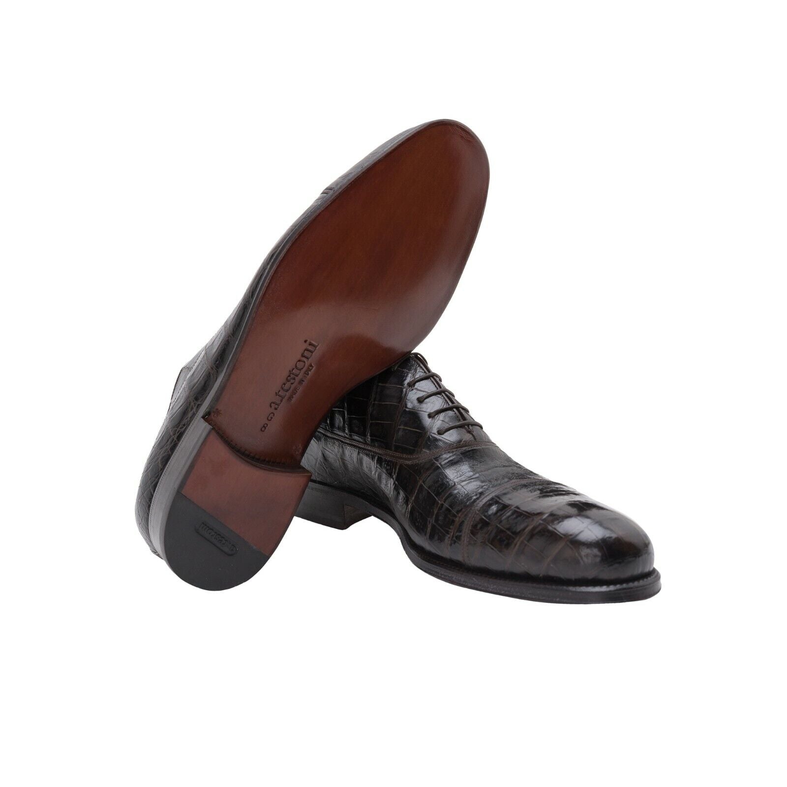 $3200 Testoni Bologna Dark Brown Goodyear Oxford Shoes Genuine Crocodile