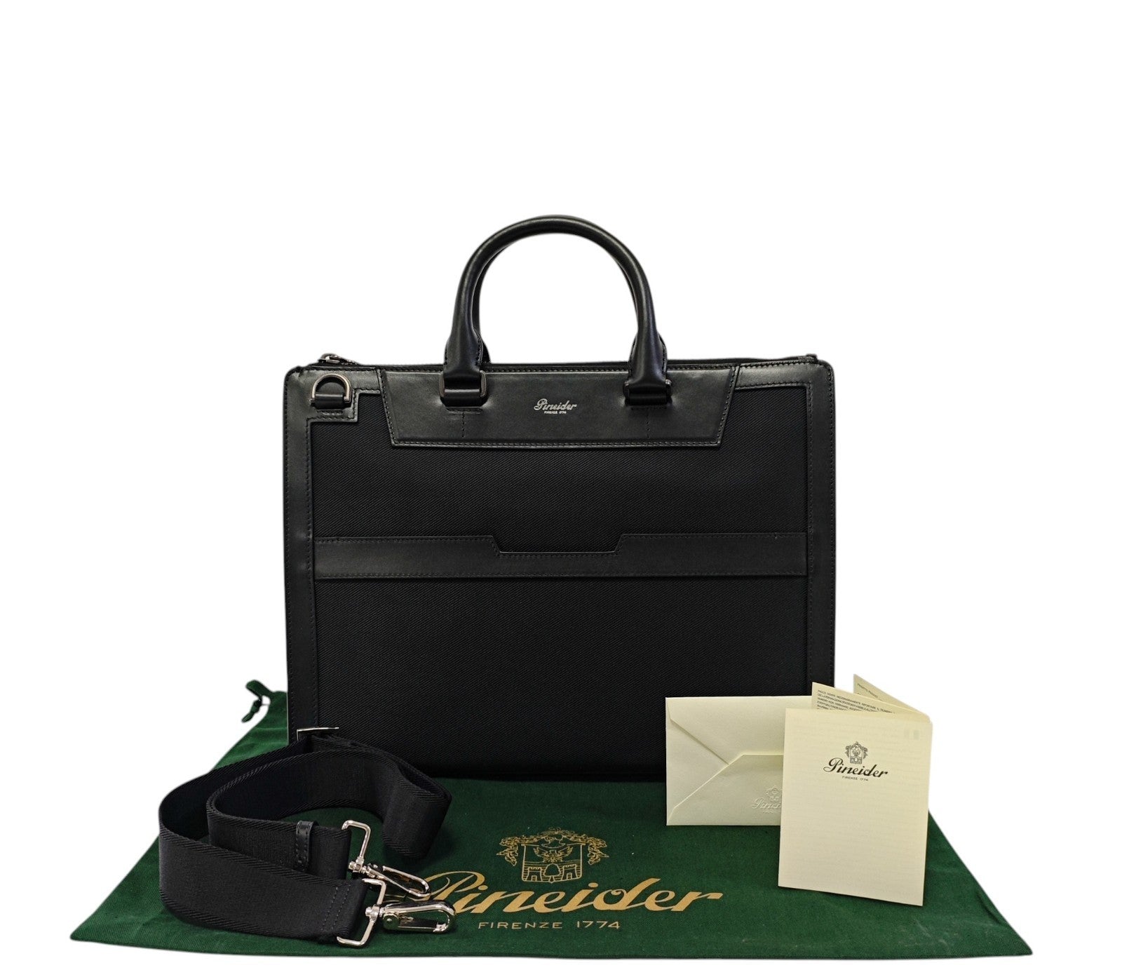 1480$ PINEIDER FIRENZE 1774 Black Nylon & Calf Slim Briefcase Bag Document Case