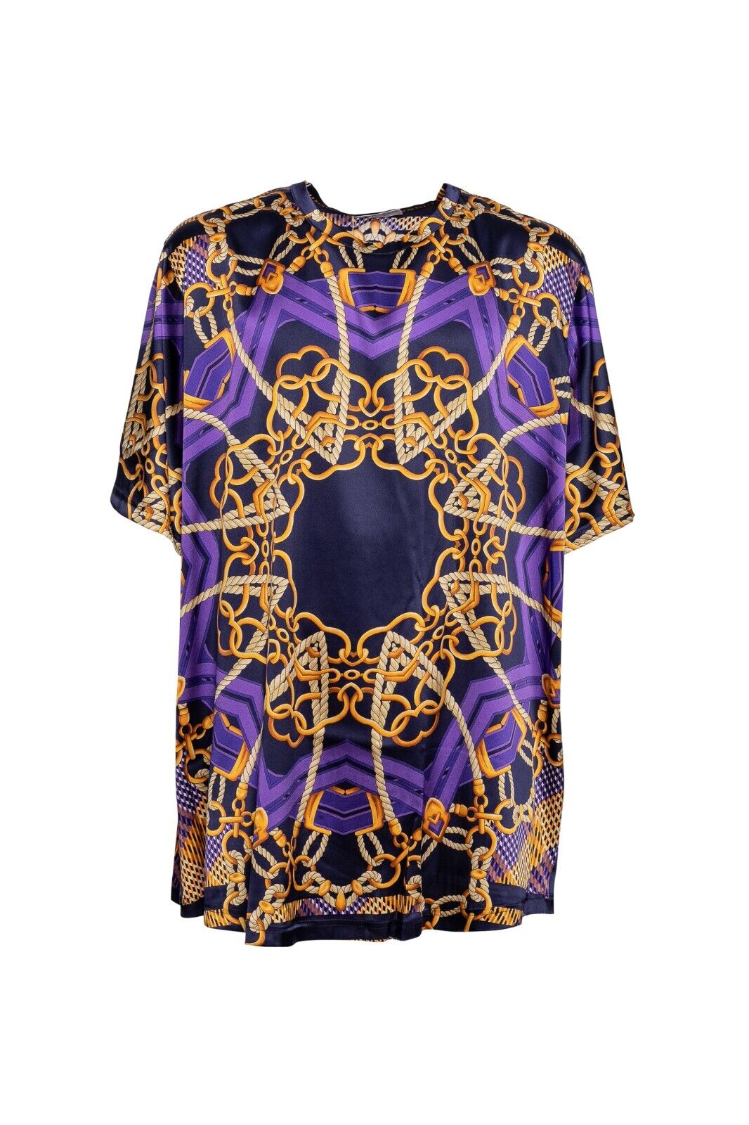 750$ FABIO CAVIGLIA T-Shirt "TUNIC" Violet Chains 100% Silk COMO STRETCH Sz XXL