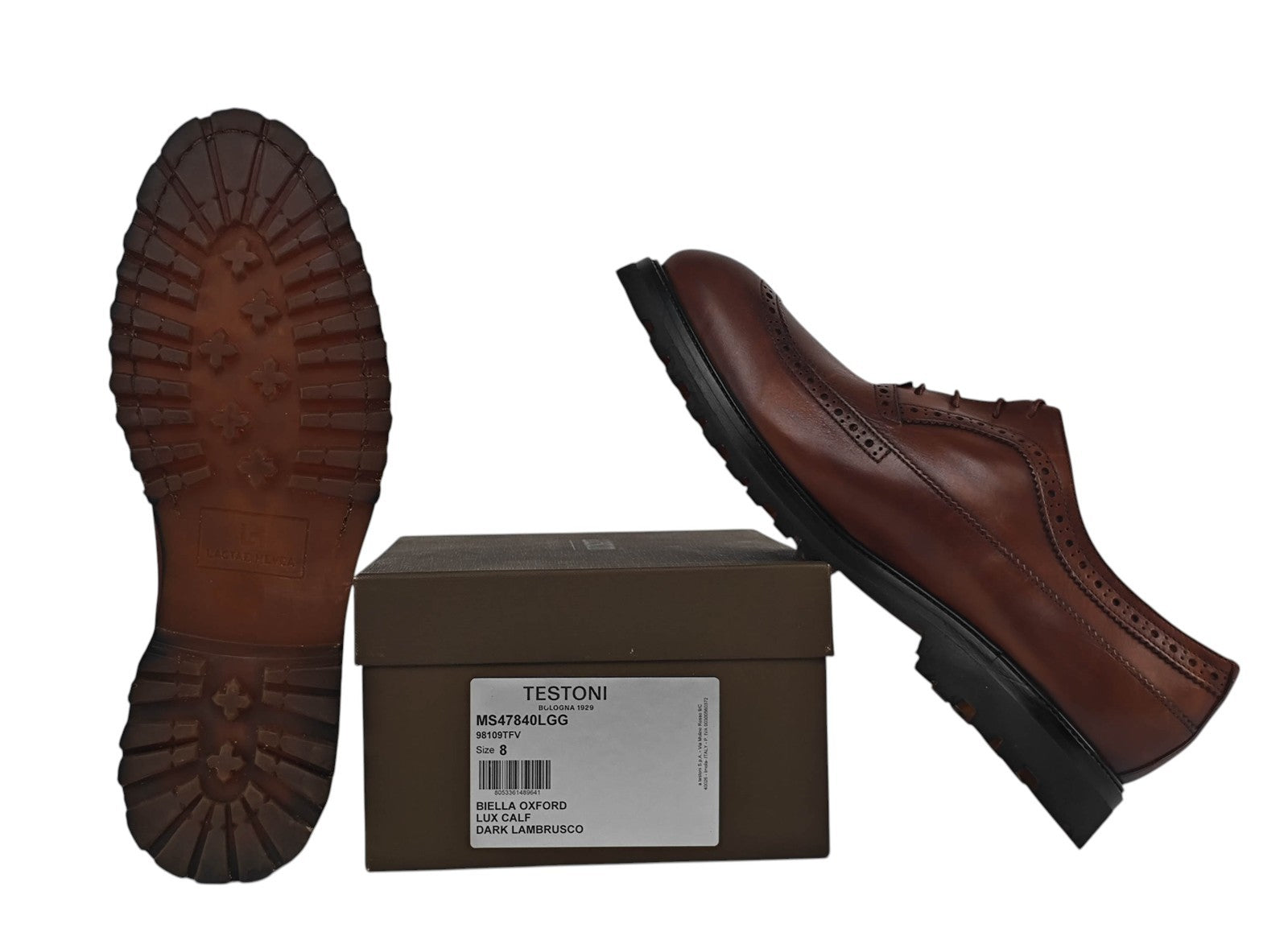 1050$ TESTONI "Piuma" Lambrusco Wingtip Oxford Shoes Rubber Lug 8 UK 9 US 42 IT