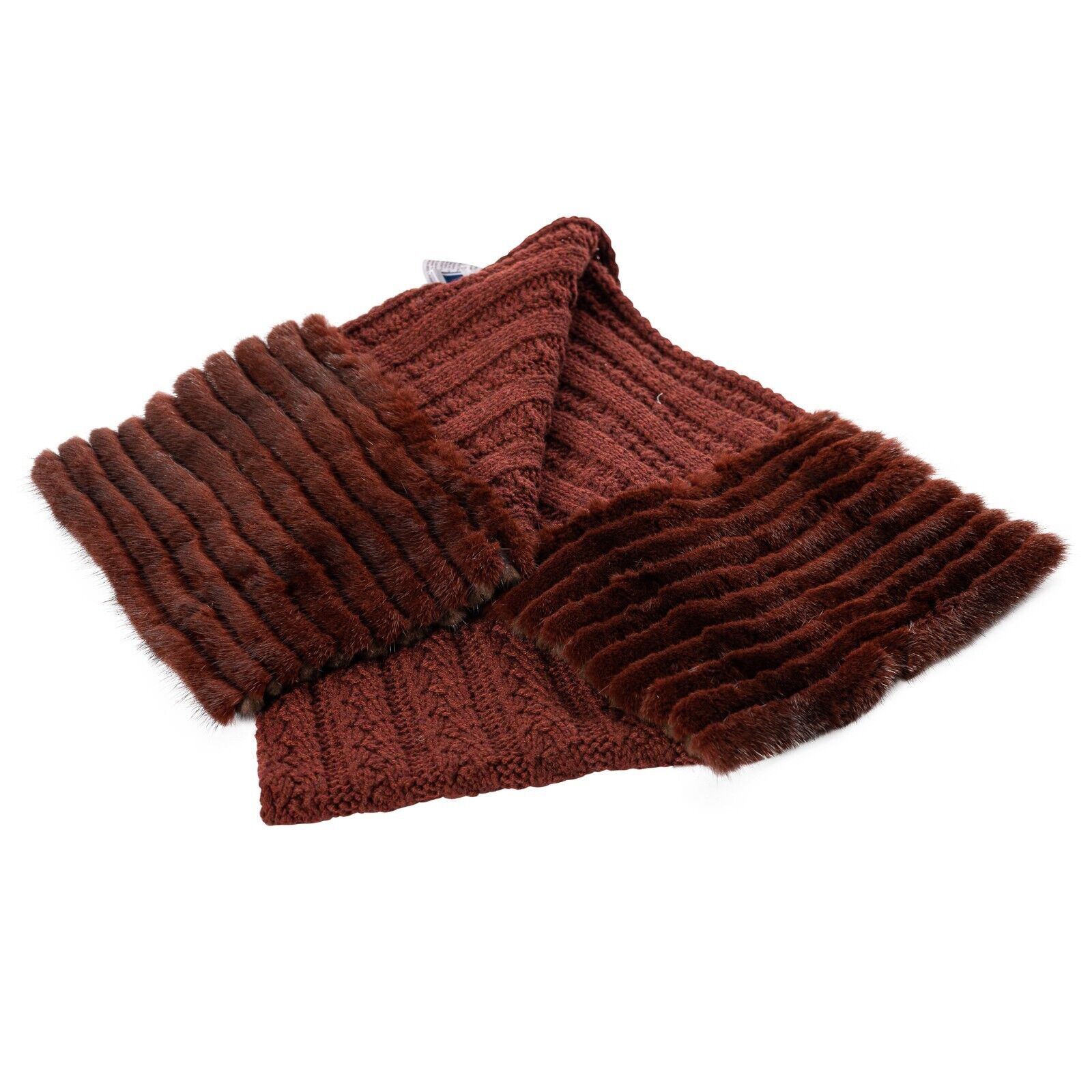 2200$ FEDELI CASHMERE Thick Scarf Cable Knit RUM 100% Cashmere + Mink Fur Bicolo