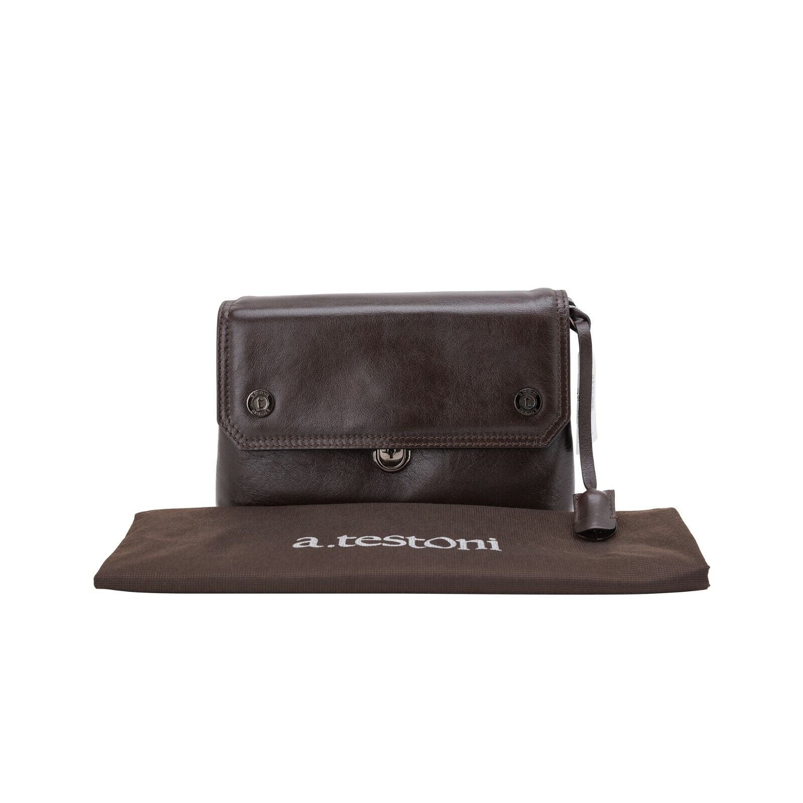 $390 Testoni Bologna Bright Brown Light Calf Hand Clutch Bag Padlock with Keys