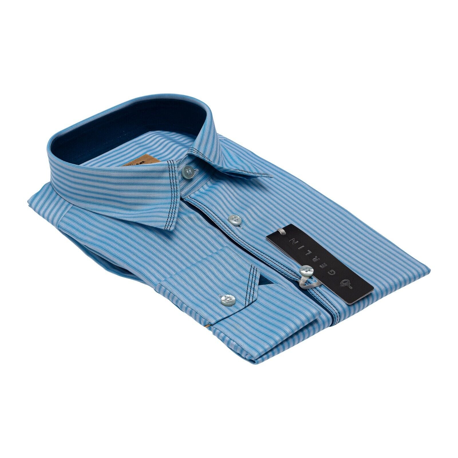 690$ LUXURY GERLIN Shirt Striped Blue ALUMO Cotton 16 - 41 3T ZILLI