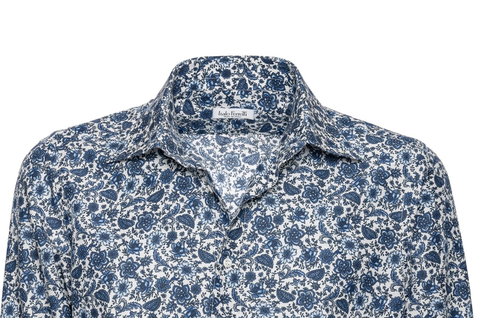 850$ ITALIAN LUXURY ITALO FERRETTI Shirt Blue "FLORAL" Cotton + Silk L BIJAN