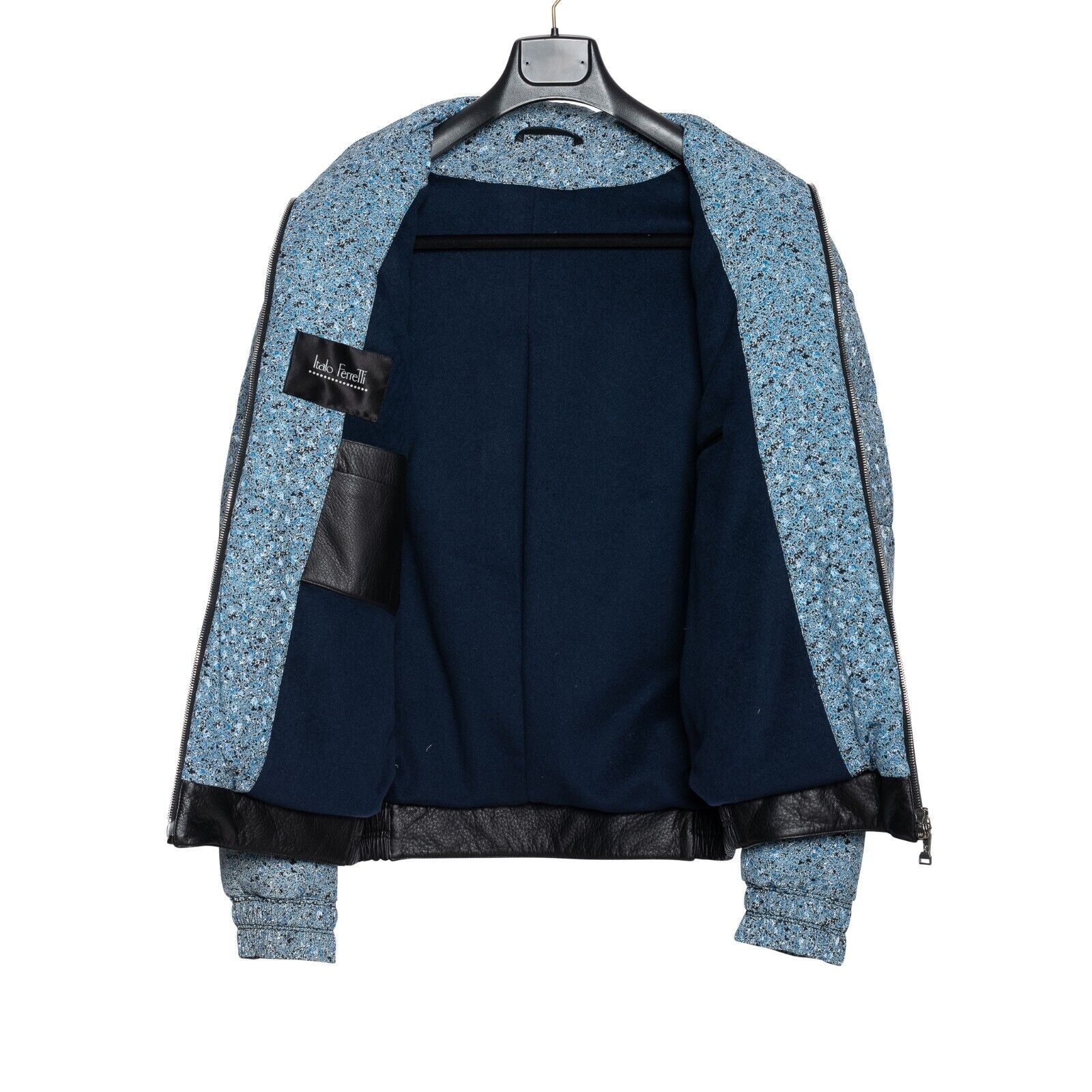2500$ ITALO FERRETTI Puffer Jacket Blue 100% Silk Water Repellent + Leather Sz L