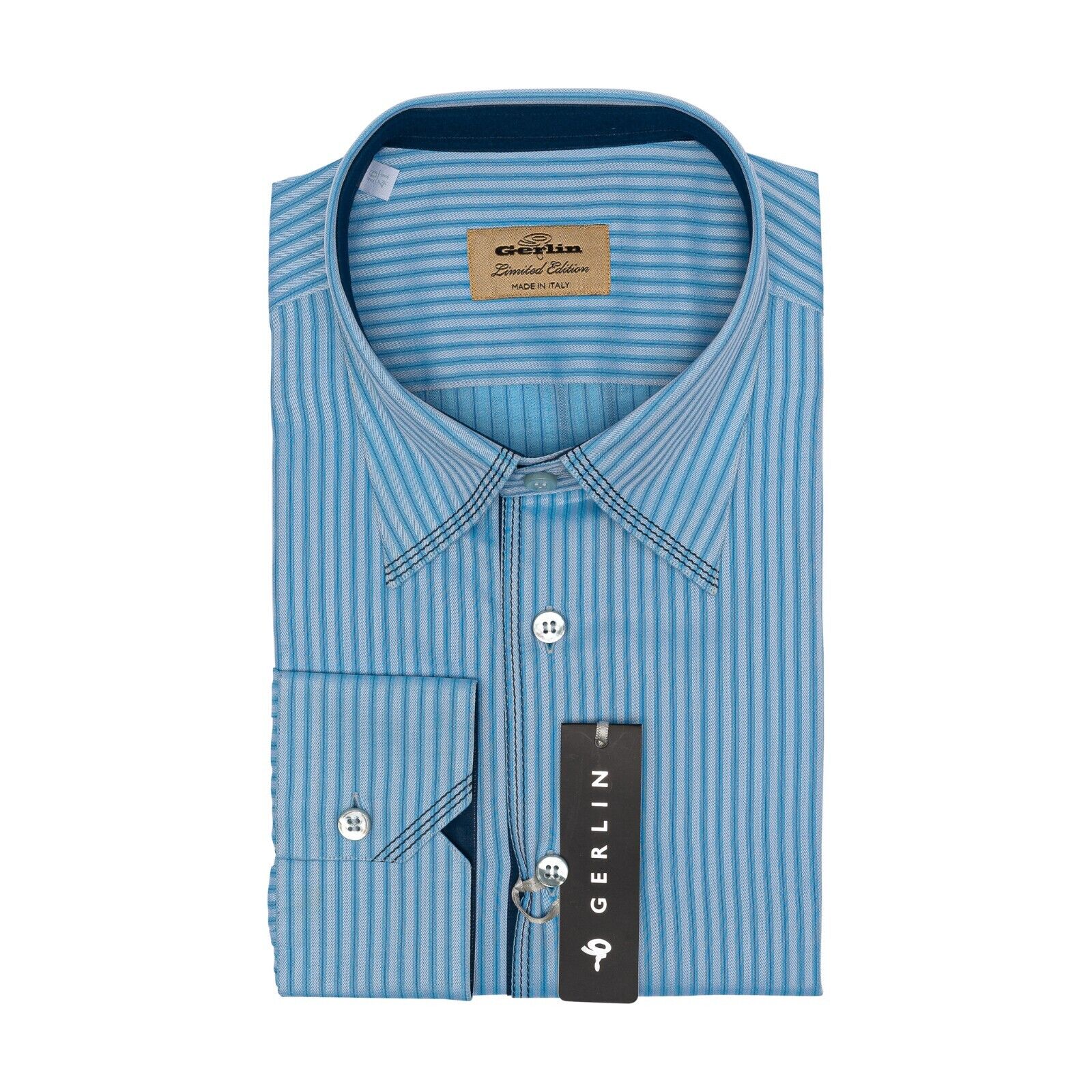 690$ LUXURY GERLIN Shirt Striped Blue ALUMO Cotton 16 - 41 3T ZILLI