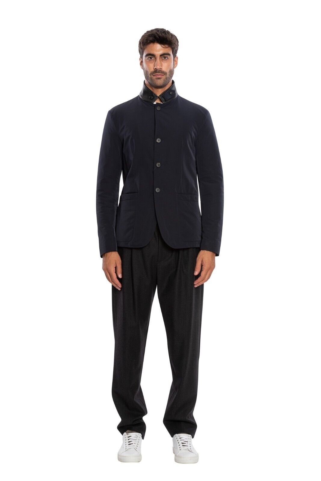 1900$ GIORGIO ARMANI Jacket Blouson Leather Details Dark Blue Water Repellent