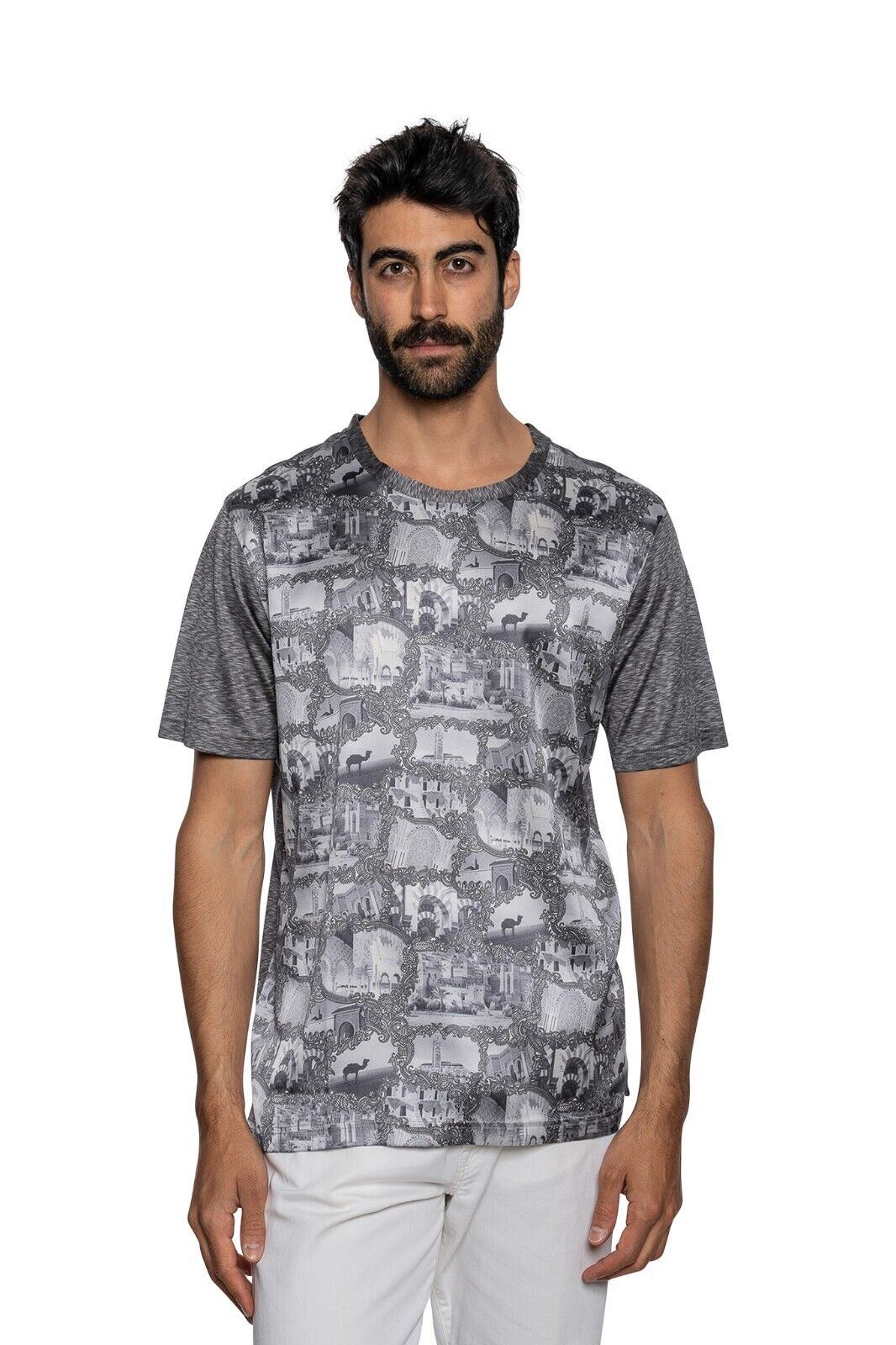 750$ ITALO FERRETTI T-Shirt Gray "MOROCCO" 100% Silk COMO STRETCH Size L BIJAN