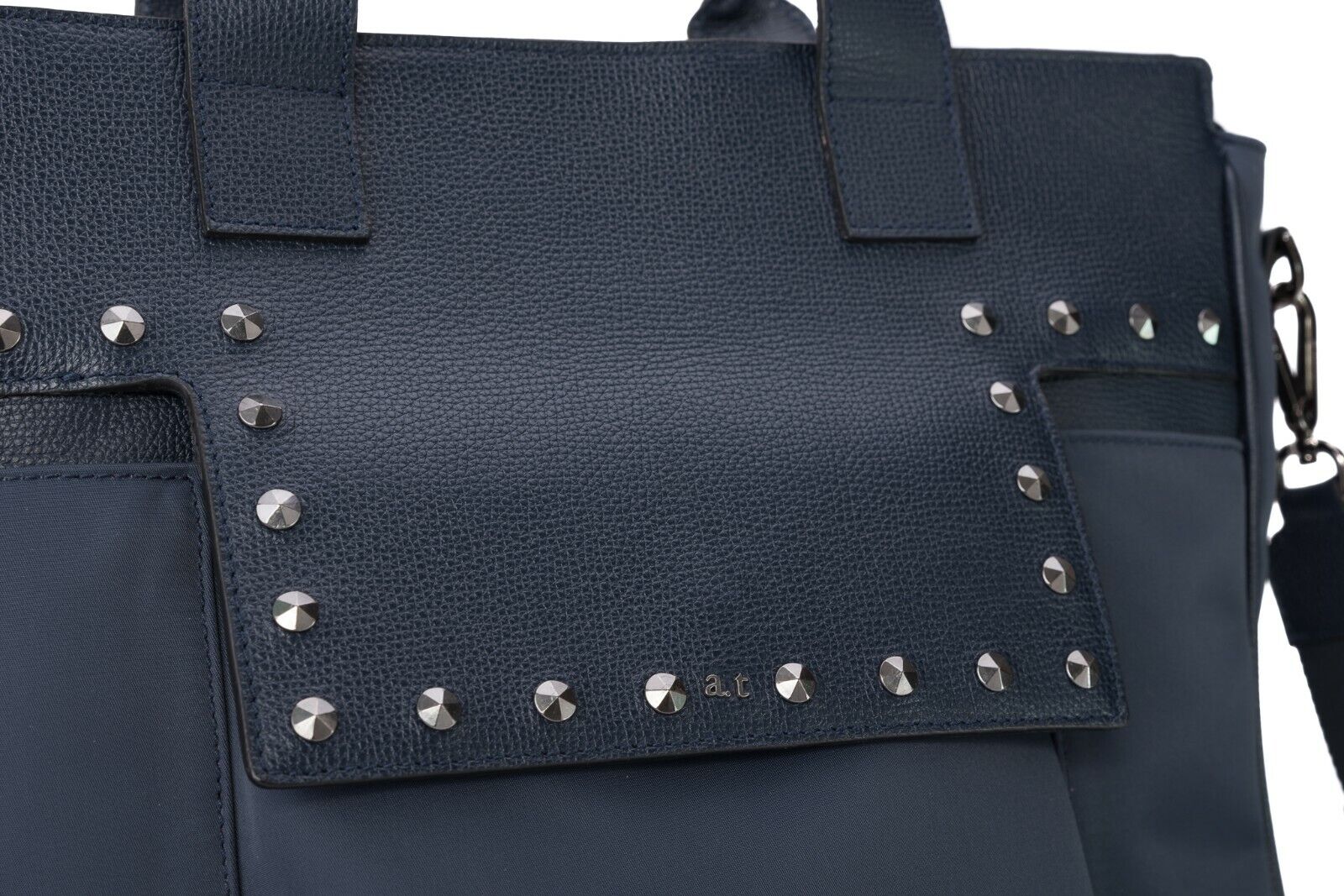 $1340 Testoni Bologna Shopping Bag with Studs Blue Karibu Calf + Fabric