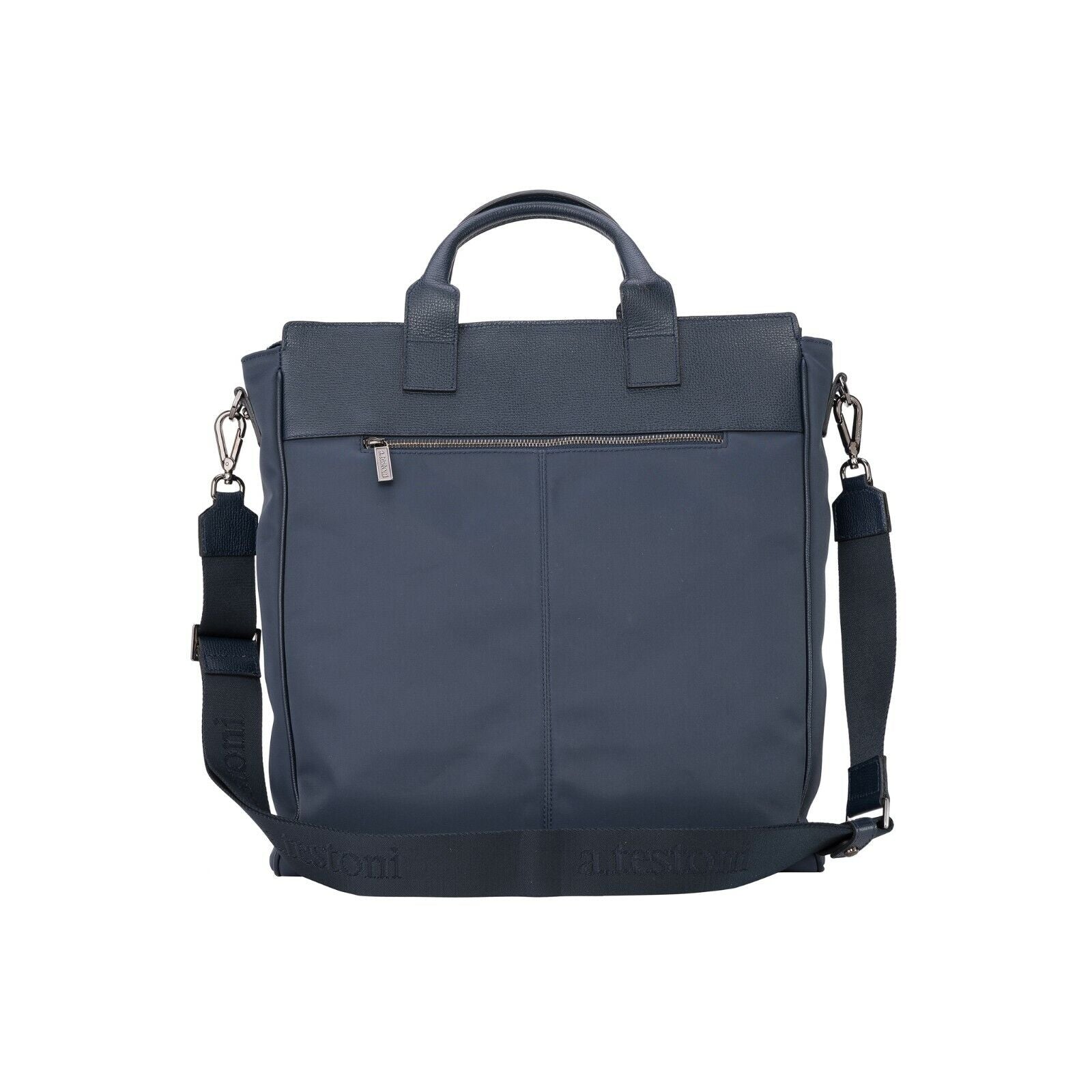$1340 Testoni Bologna Shopping Bag with Studs Blue Karibu Calf + Fabric
