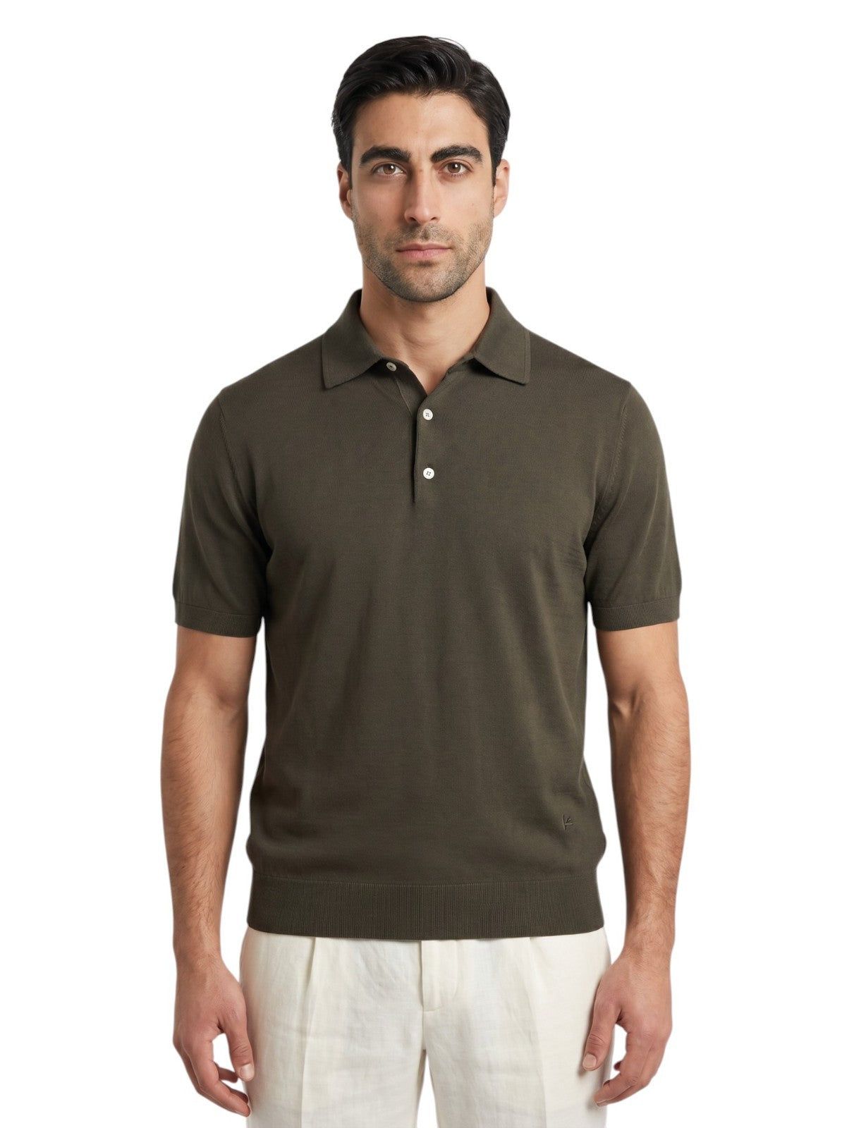 950$ ISAIA NAPOLI Taupe Polo Sweater Short Sleeve Knit Cotton Slim Fit