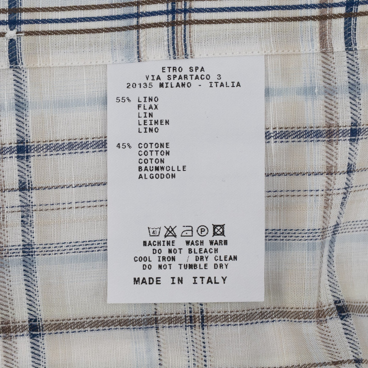 500$ ETRO MILANO Shirt Checks Blue Brown Button Down Linen Cotton Size 16.5 - 42