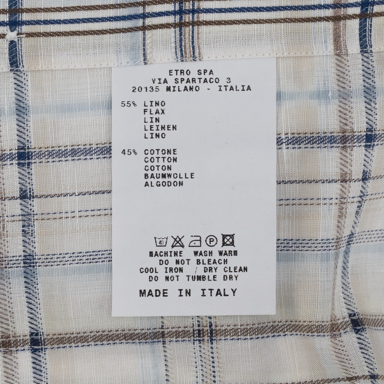 500$ ETRO MILANO Shirt Checks Blue Brown Button Down Linen Cotton Size 16.5 - 42