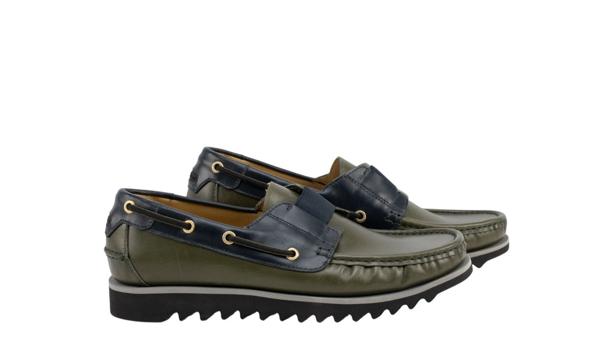 900$ TESTONI Boat Loafer Shoes Calf Green Army Blue Navy 8 UK / 9 US / 42 IT