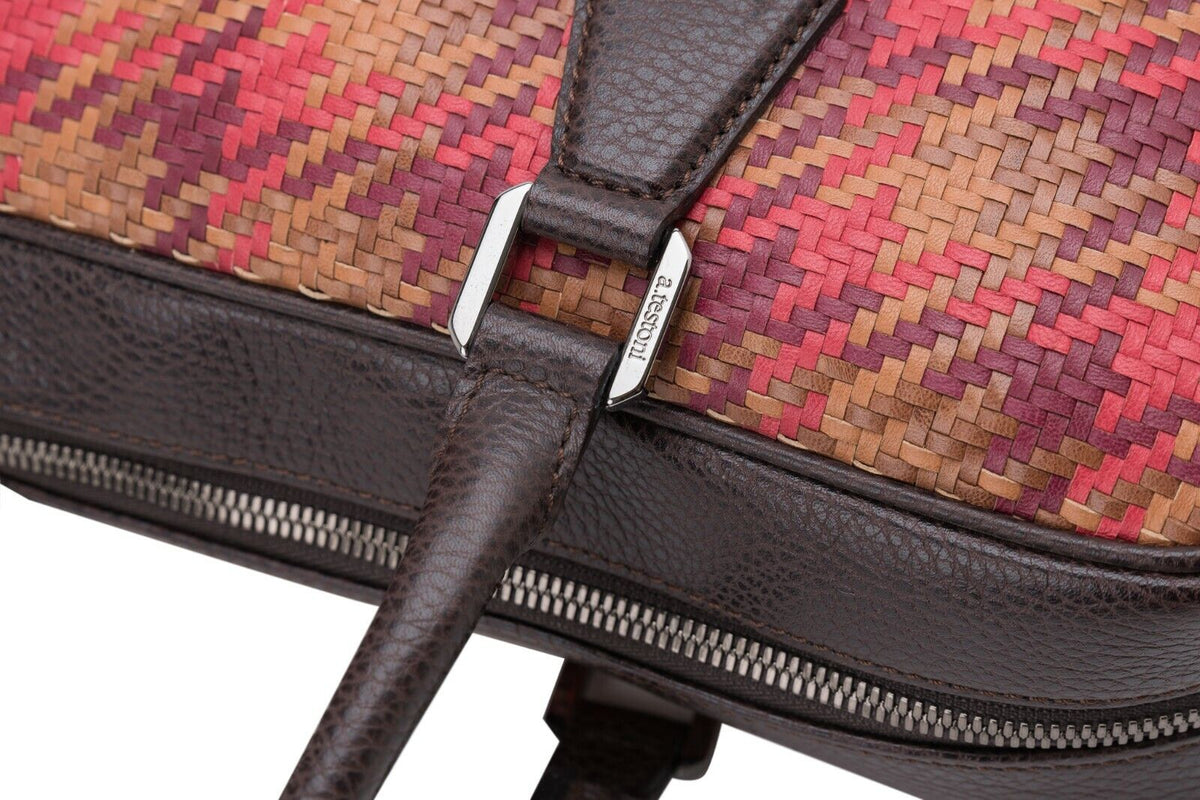 $1650 Testoni Bologna Brown Briefcase PC Case Bright Woven Karibu Calf