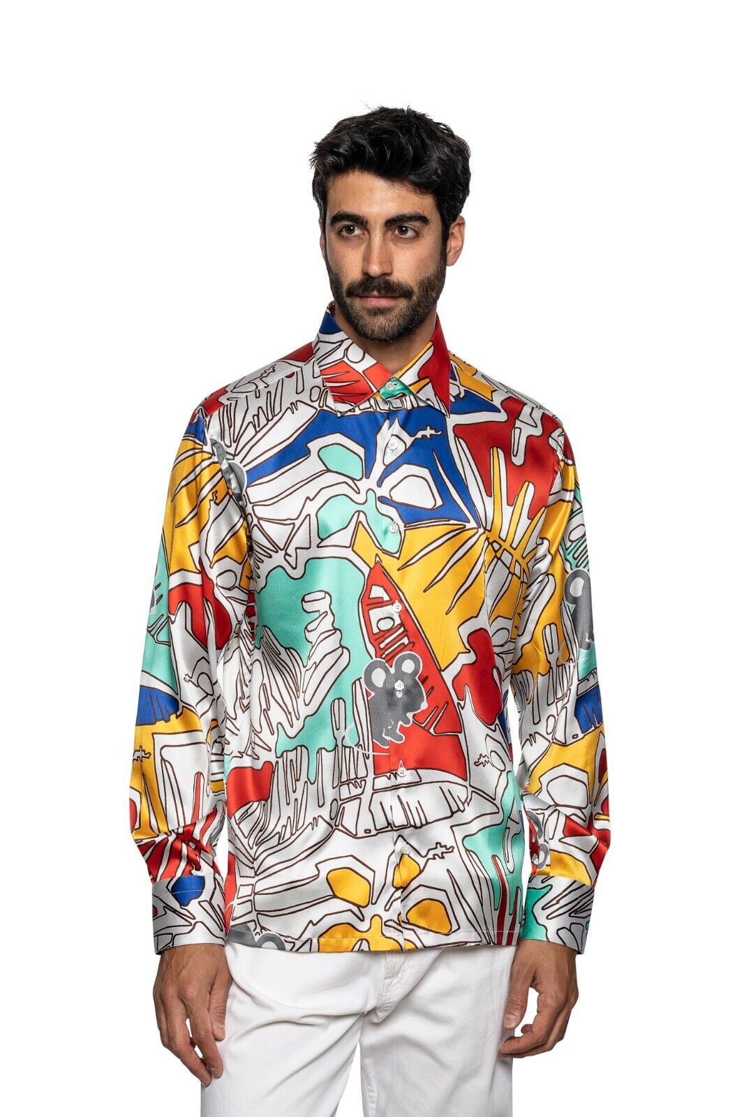 1400$ LUX ITALO FERRETTI "ART PICTURE" Shirt 100% Satin Silk COMO Sz. L BIJAN