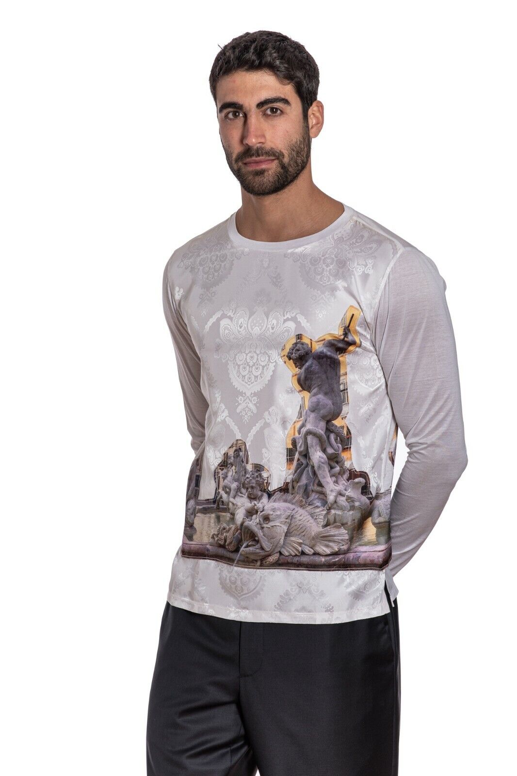 1450$ GERLIN T-Shirt 100% Silk "FOUNTAIN OF NEPTUNE ROME" Sz M BIJAN