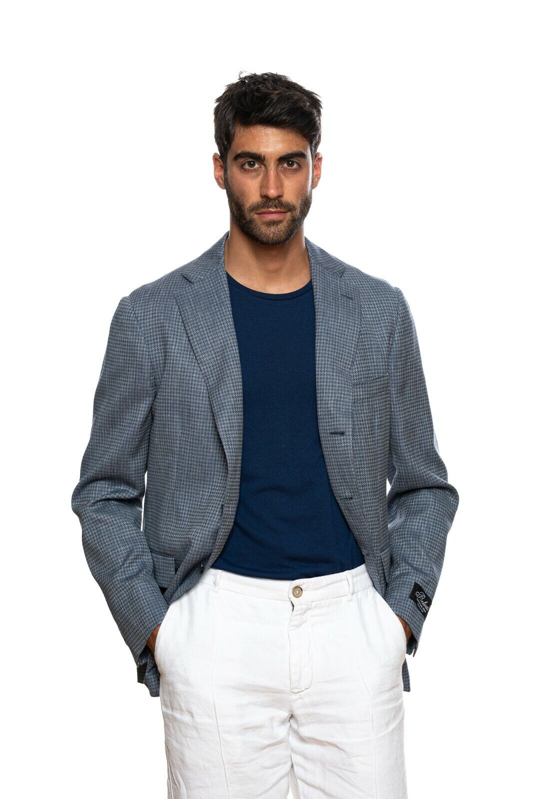 BELVEST Blue Houndstooth Wool Linen Jacket Blazer 44 US / 54 EU 7 R
