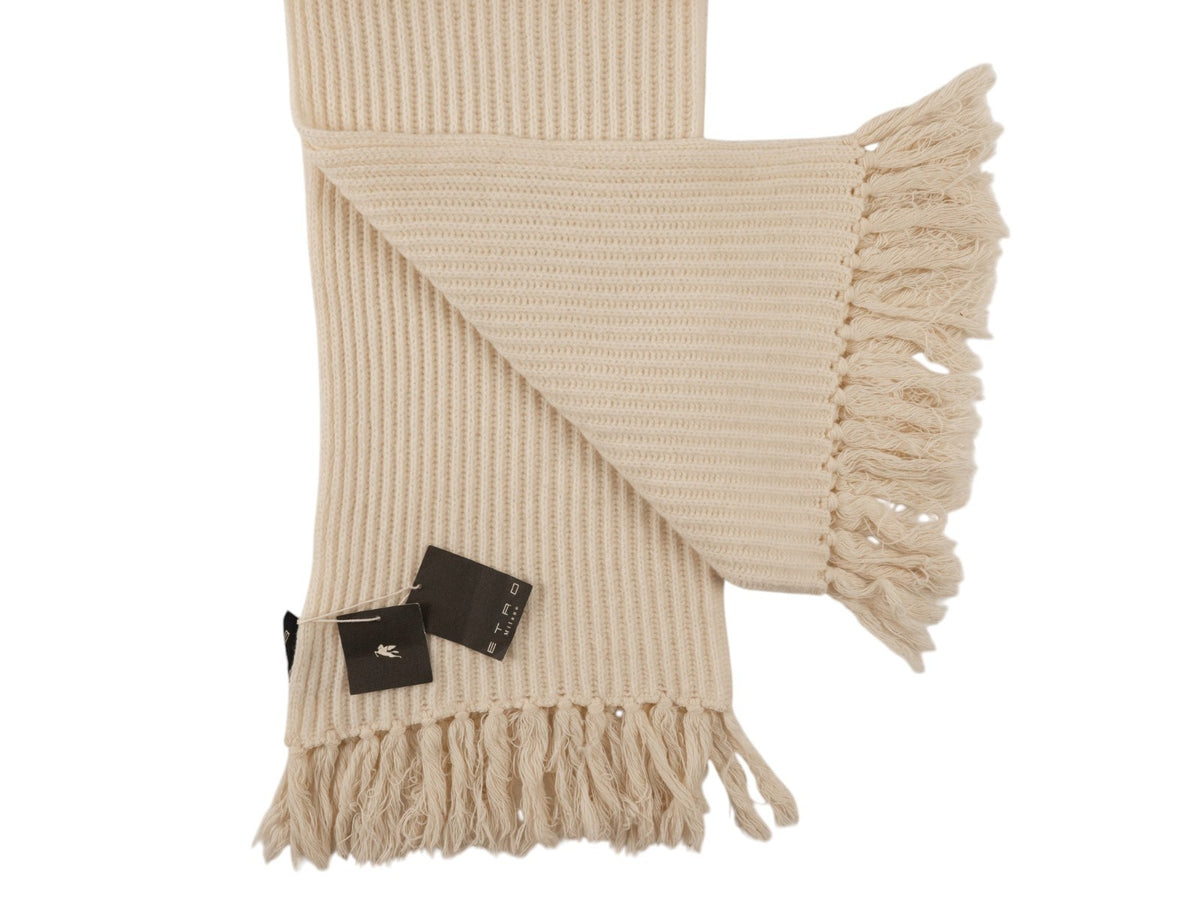 580$ ETRO MILANO Scarf Cream Ribbed Knit Supergeelong Merino Wool with Fringes