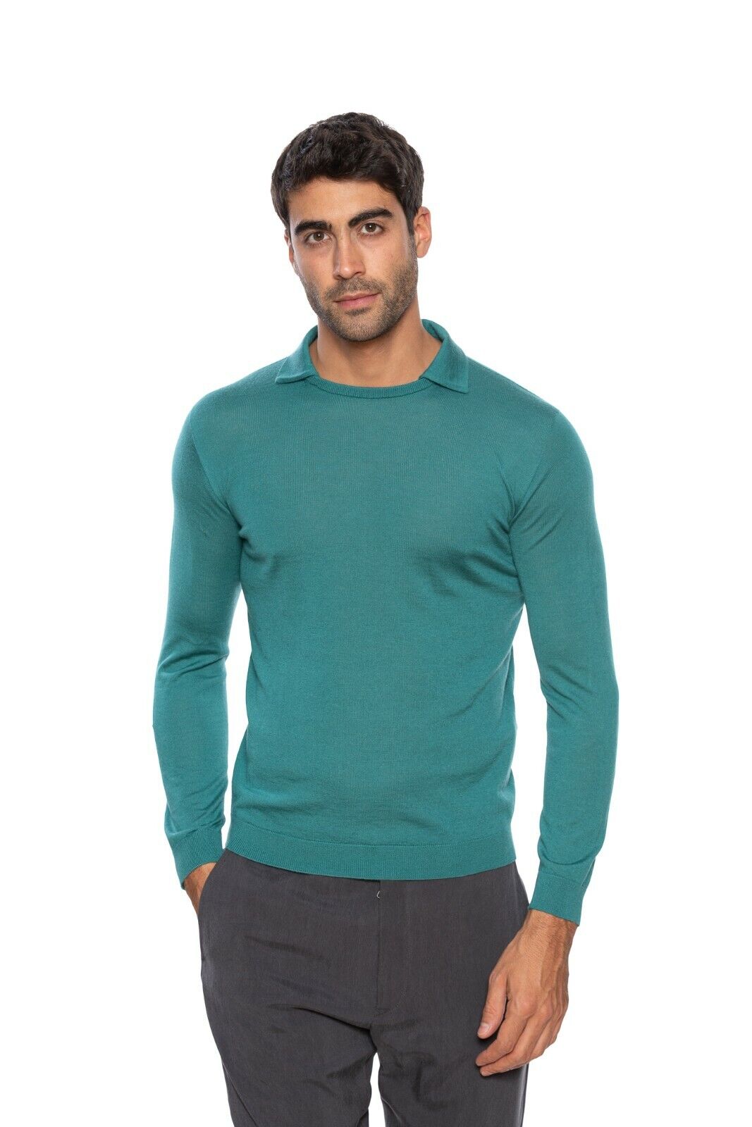 1150$ GIORGIO ARMANI Sweater with Collar 100% Cashmere Jade 38 US / 48 EU Slim