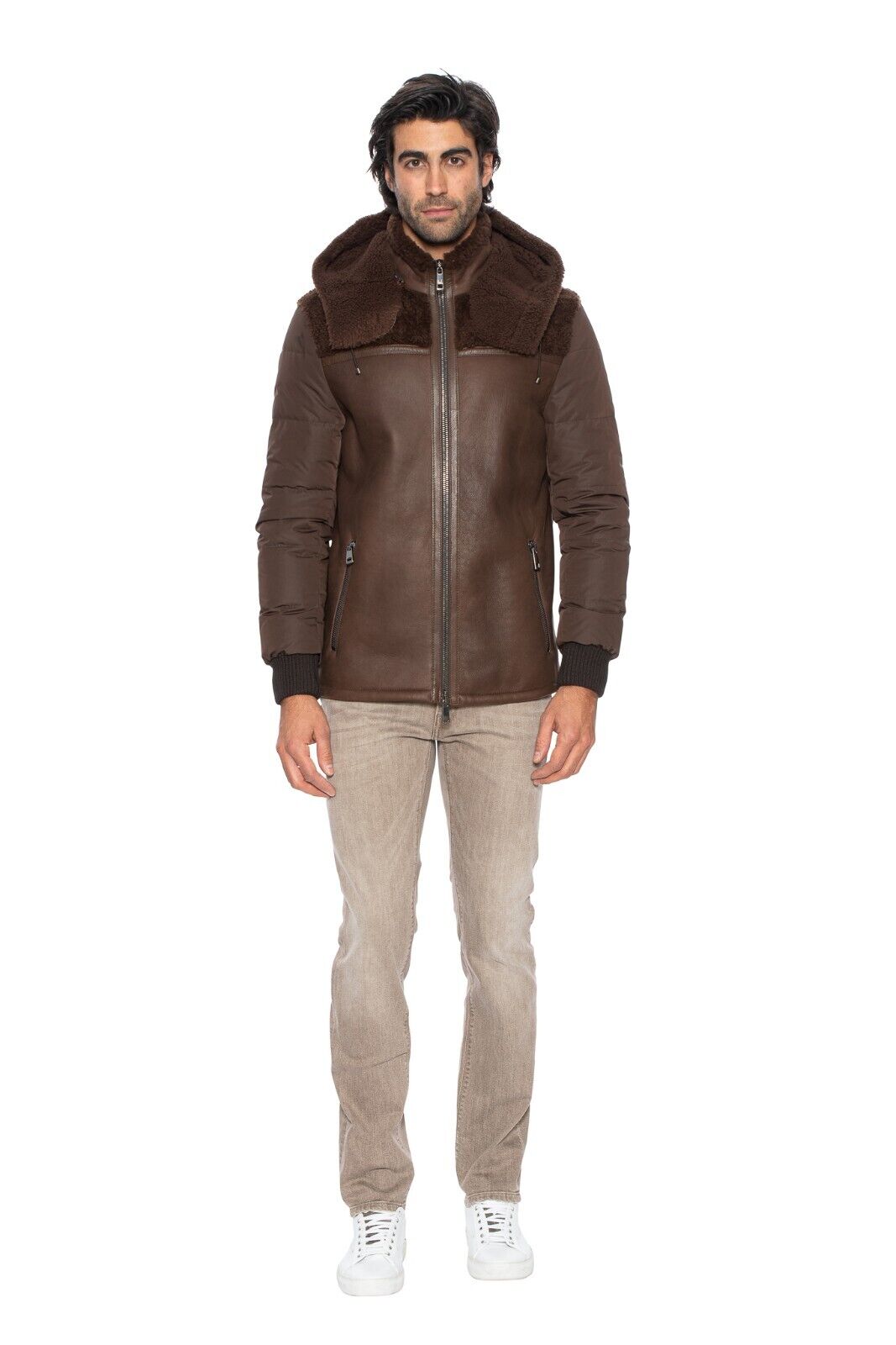 $3885 HETTABRETZ for TESTONI Brown Jacket Coat Puffer Goose Down + Shearling