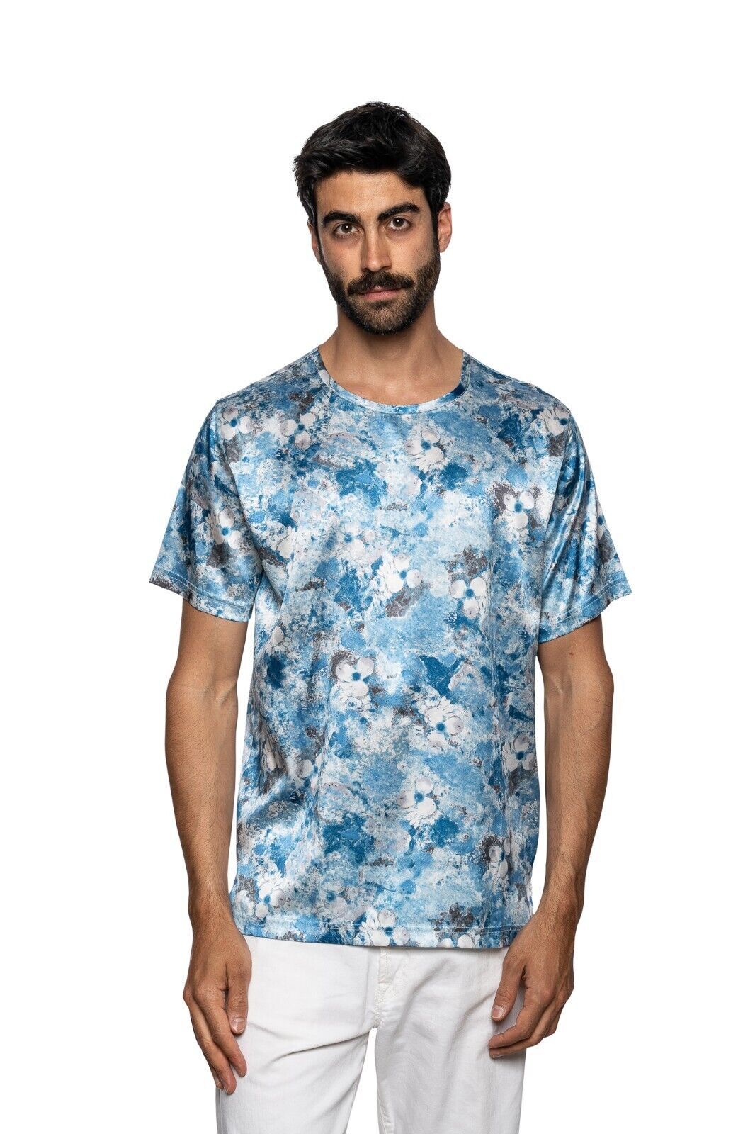 750$ ITALO FERRETTI T-Shirt Blue "FLOWER" 100% Silk COMO STRETCH Size L ZILLI