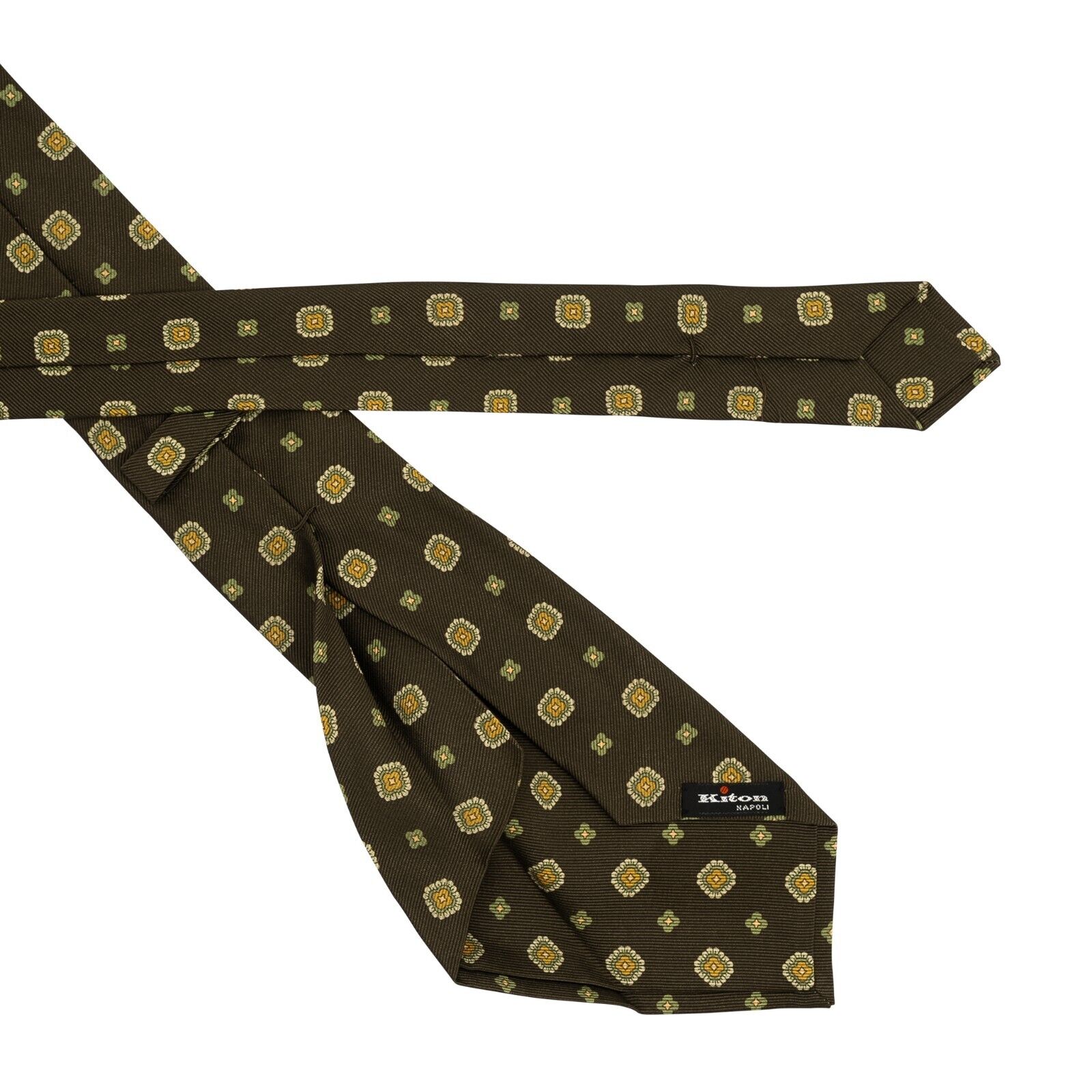 $330 KITON NAPOLI 7 - Fold Tie Floral Green Off 100% Silk 148cm - 8.5cm