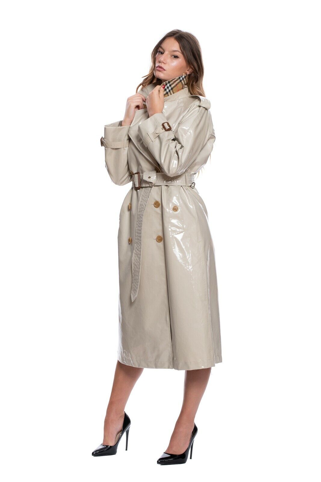 $2350 BURBERRY EASTHEATH Trench Coat Coated Cotton Check Laminated Stone