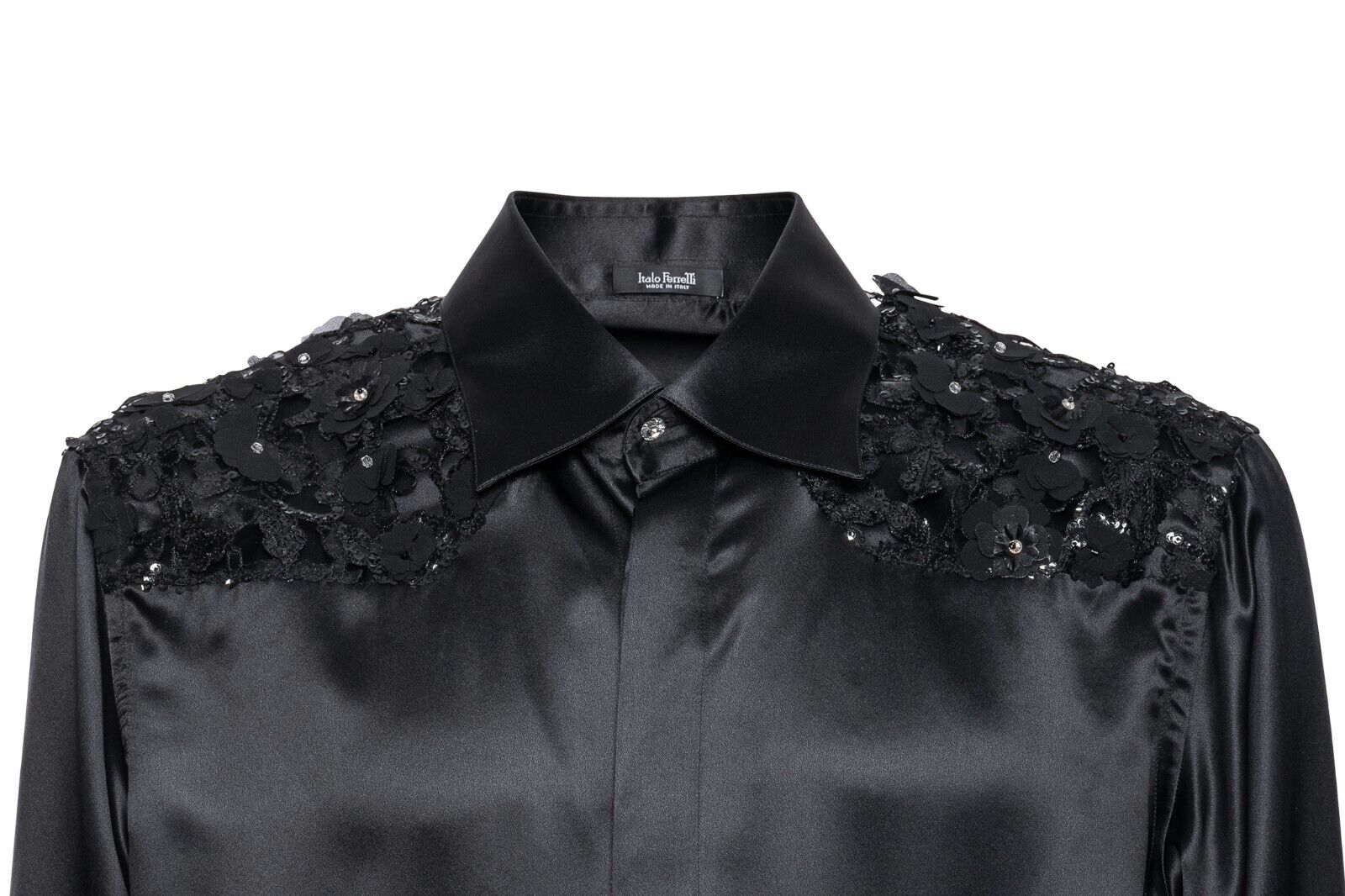 1600$ ITALO FERRETTI " FLOWER EMBROIDERED " Shirt Black 100% Silk 16 - 41 BIJAN