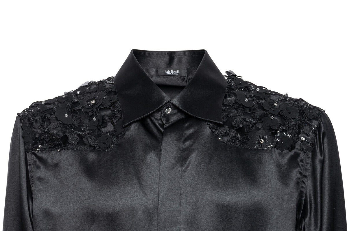 1600$ ITALO FERRETTI " FLOWER EMBROIDERED " Shirt Black 100% Silk 16 - 41 BIJAN