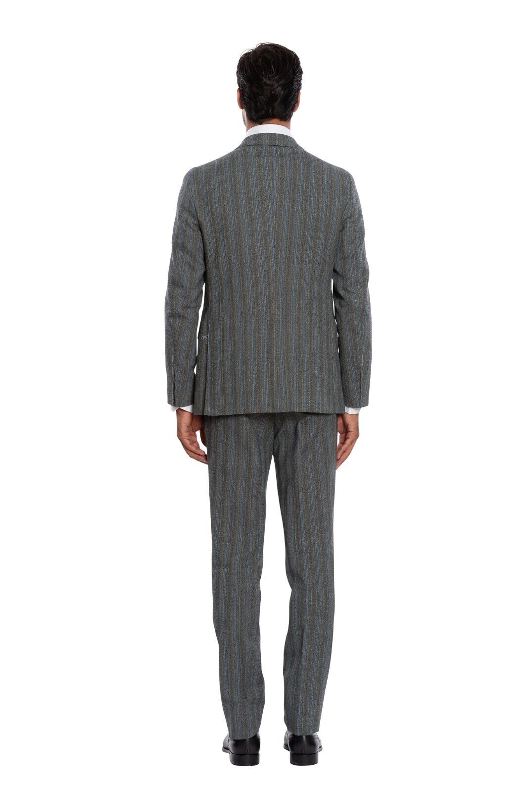 $2650 LUIGI BORRELLI NAPOLI Hand-Sewn Gray Striped Suit Wool Cotton Slim Fit
